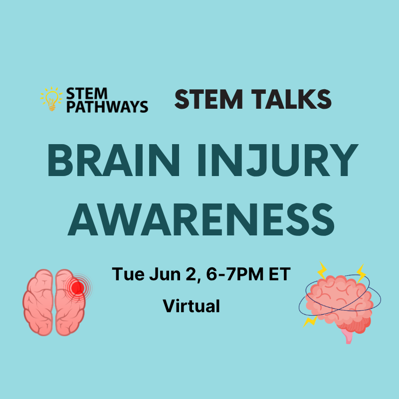 Event poster - STEM Talks – Brain Injury Awareness – Tue Jun 2, 6-7pm - title in dark teal font on teal background. Text is surrounded clipboard and two brain images.