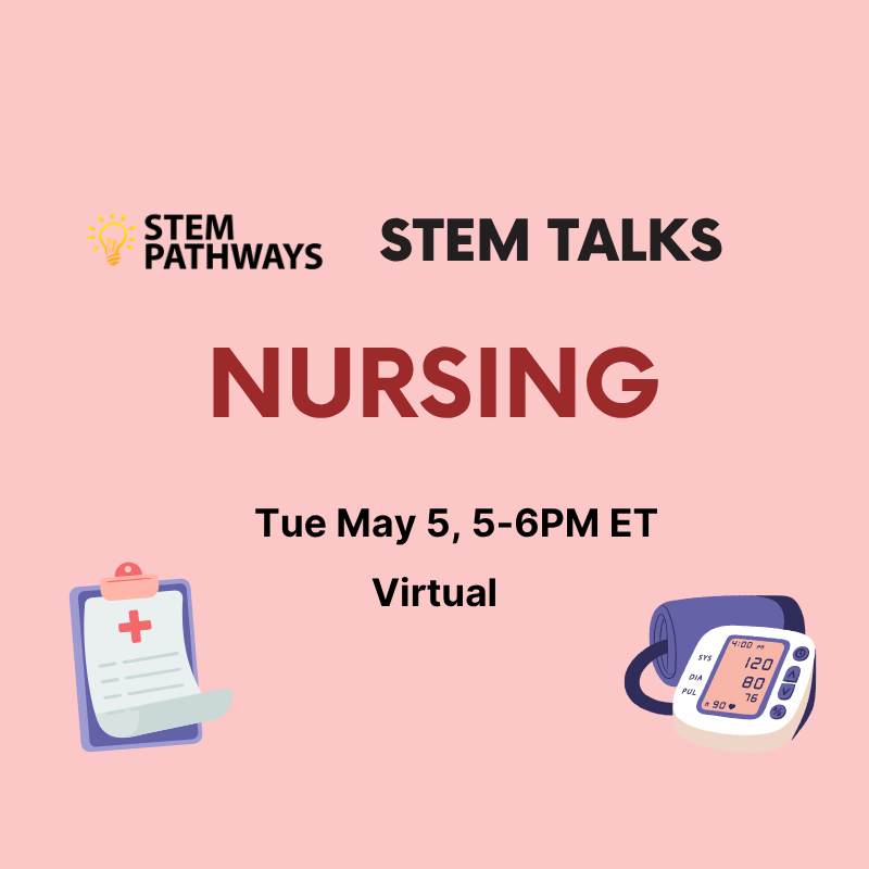 Event poster - STEM Talks – Nursing – Tue May 5, 5-6pm - title in dark red font on light red background. Text is surrounded clipboard and blood pressure cuff.