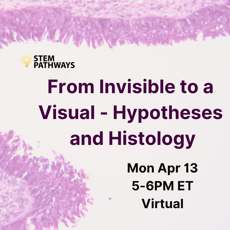 Event poster – From Invisible to a Visual – Hypotheses and Histology – Mon Apr 13, 5-6pm - title in purple on cell tissue background.