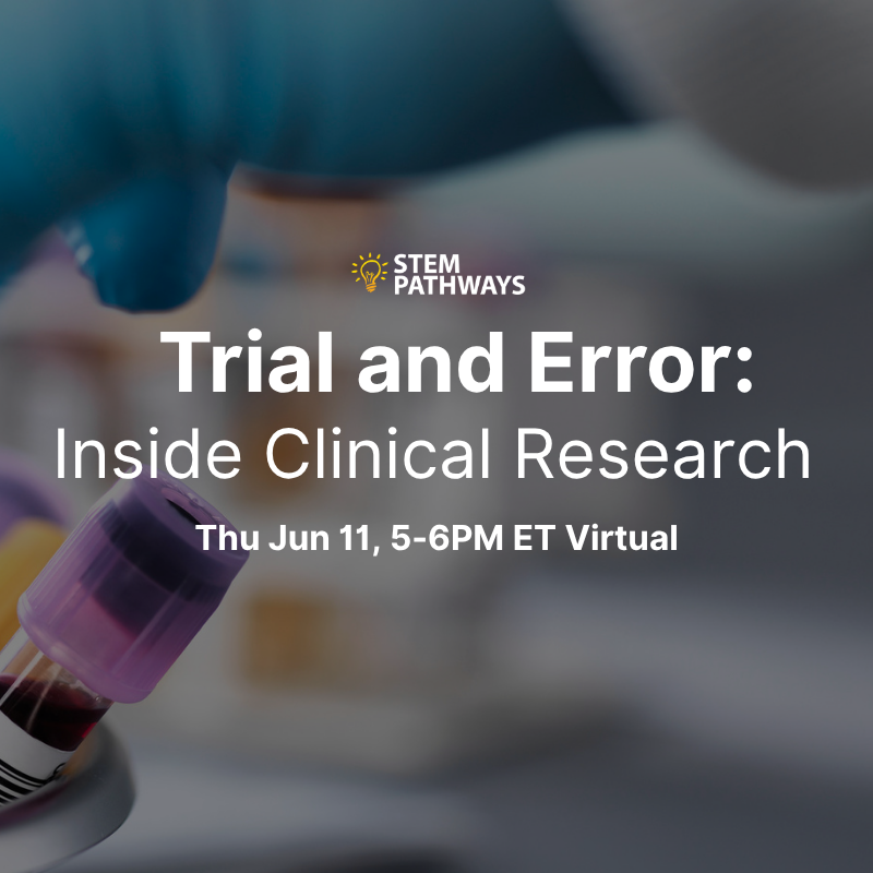 Event poster – Trial and Error – Thu Jun 11, 5-6pm - title in white font on a dark background that has a faded image of a blood collection tube.