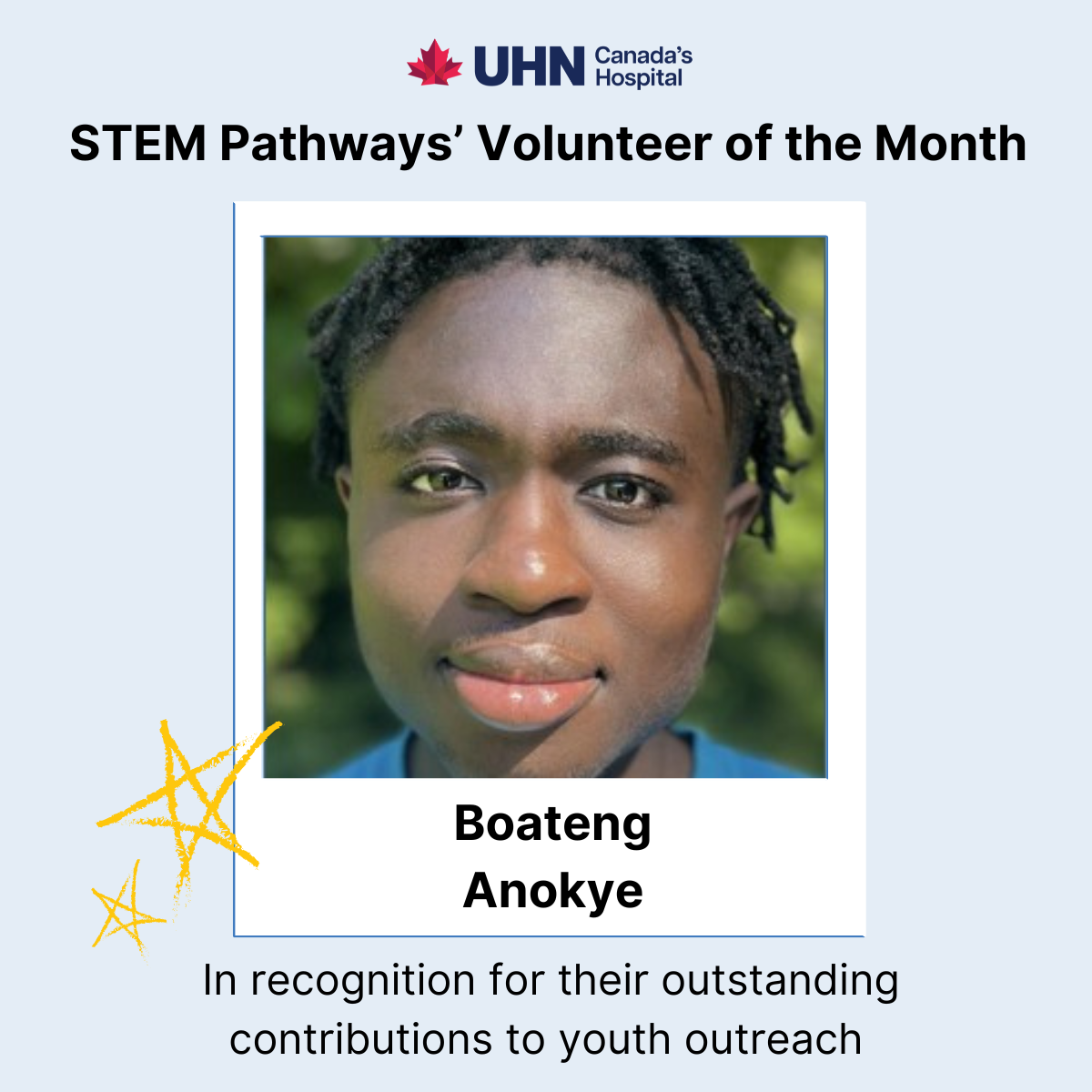 Headshot of Boateng Anokye in polaroid template; title reads "STEM Pathways' Volunteer of the Month".