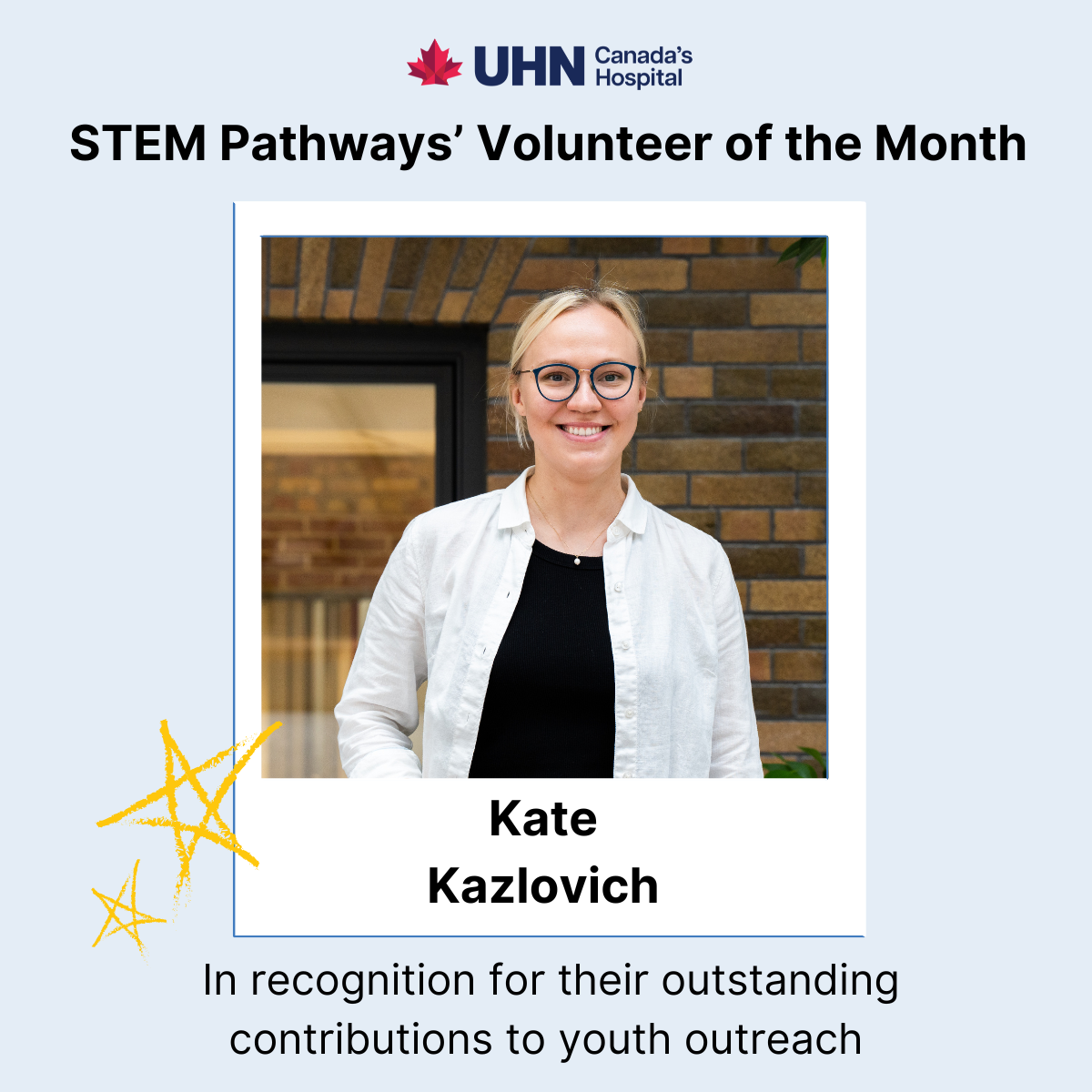 Headshot of Kate Kazlovich in polaroid template; title reads "STEM Pathways' Volunteer of the Month".