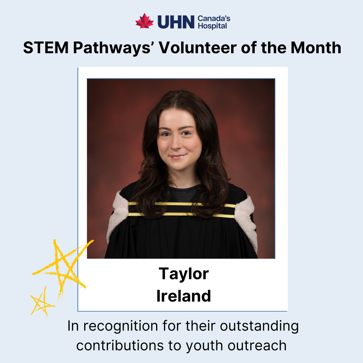 Headshot of Taylor Ireland in polaroid template, featured over light blue background.