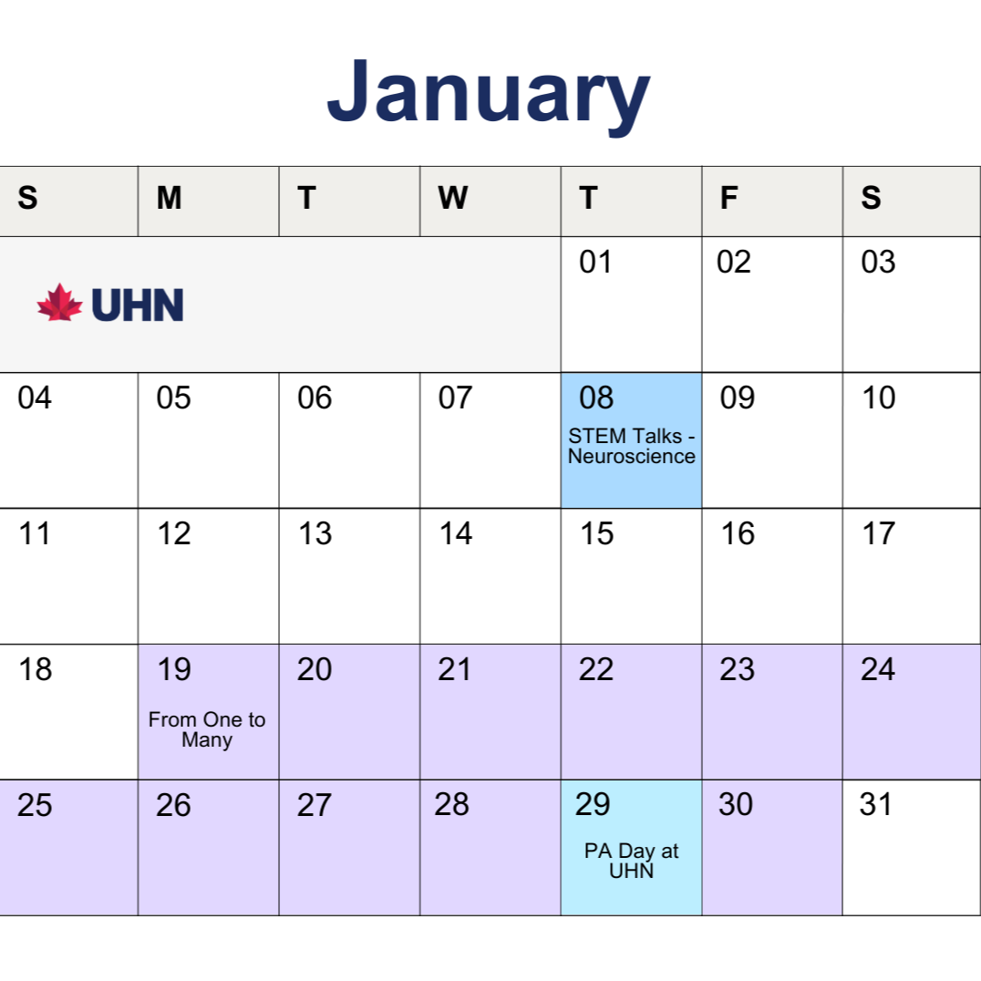 Image of calendar for this month - dates with events during the month are highlighted with another colour.