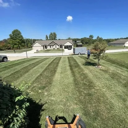 Freshly mowed lawn with striped pattern, residential street view, clear blue sky