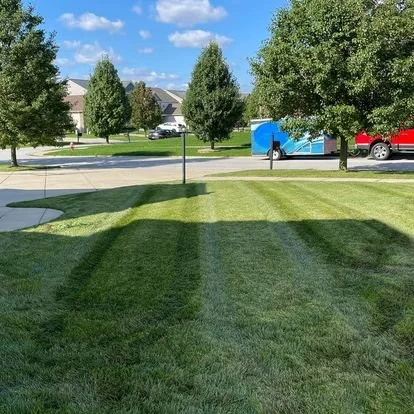 Freshly mowed grass with visible stripes, surrounded by trees and suburban houses in the background, under a partly cloudy sky.