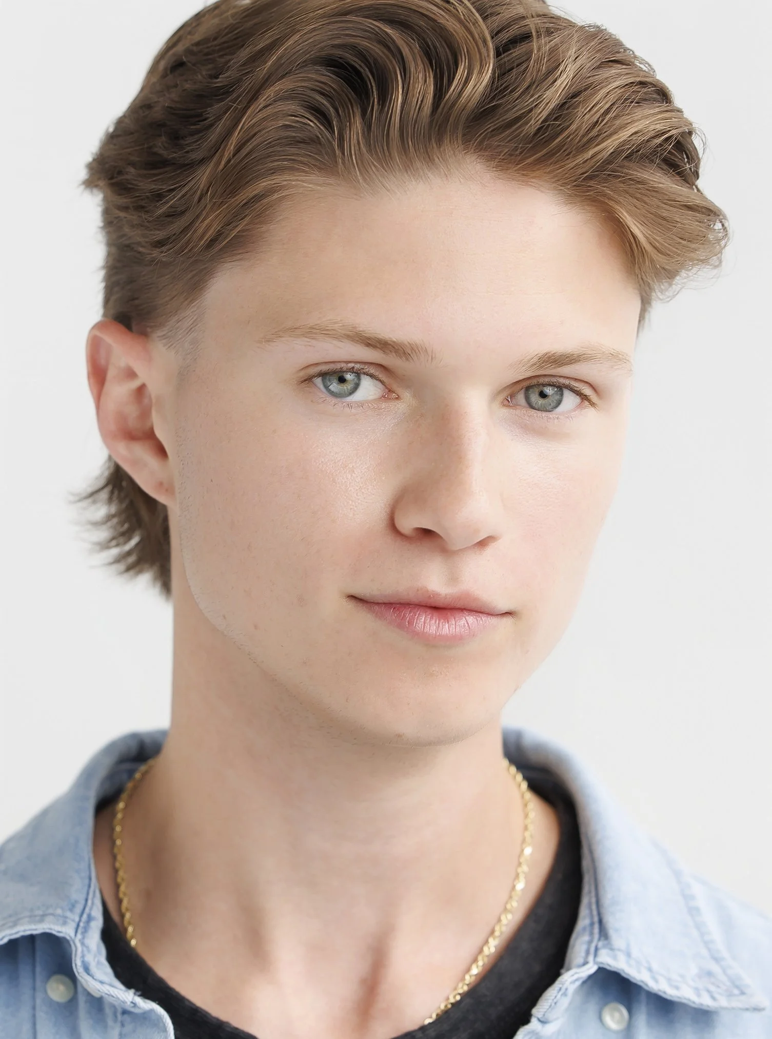 Close-up of a young person with short, light brown hair, blue eyes, wearing a denim shirt and a gold necklace, looking at the camera with a neutral expression.
