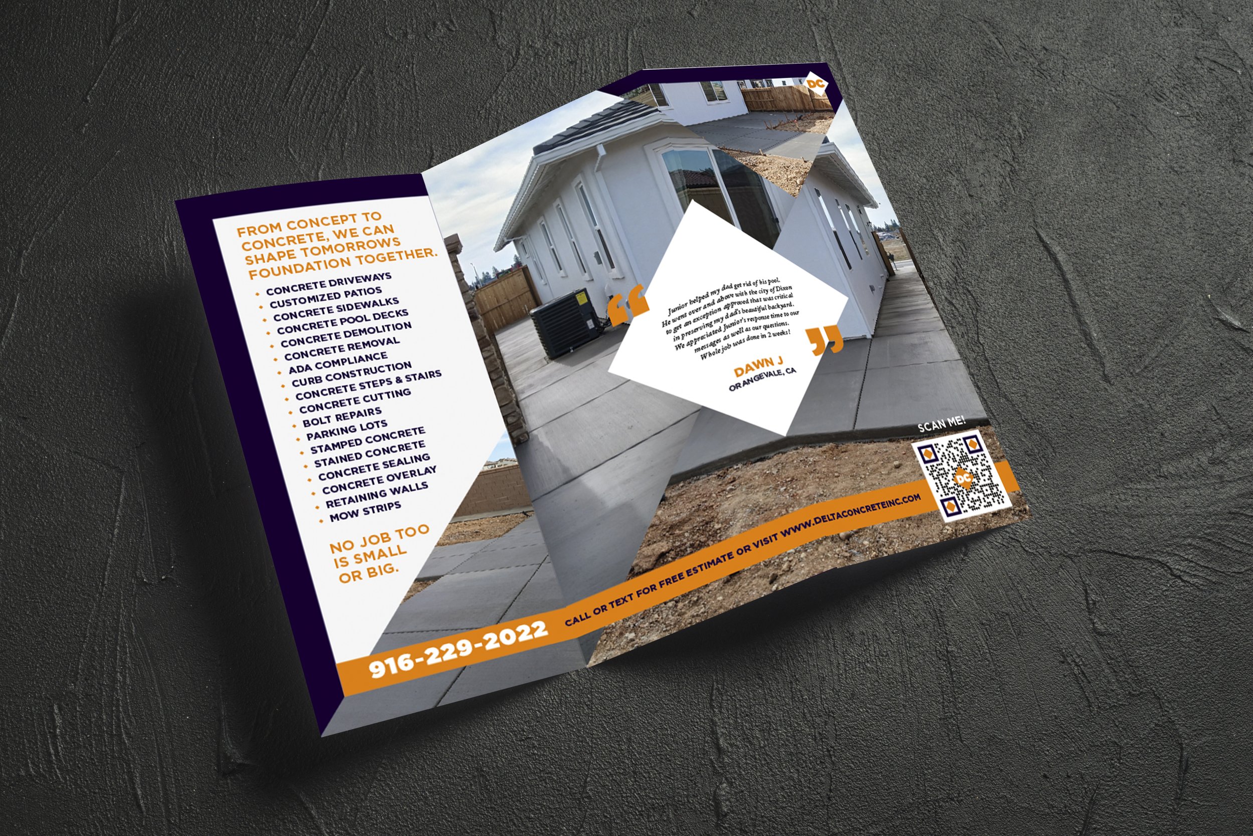 Tri-fold brochure for Delta Concrete featuring company services such as driveways, patios, and ADA compliance; includes a customer testimonial, QR code, and contact information.