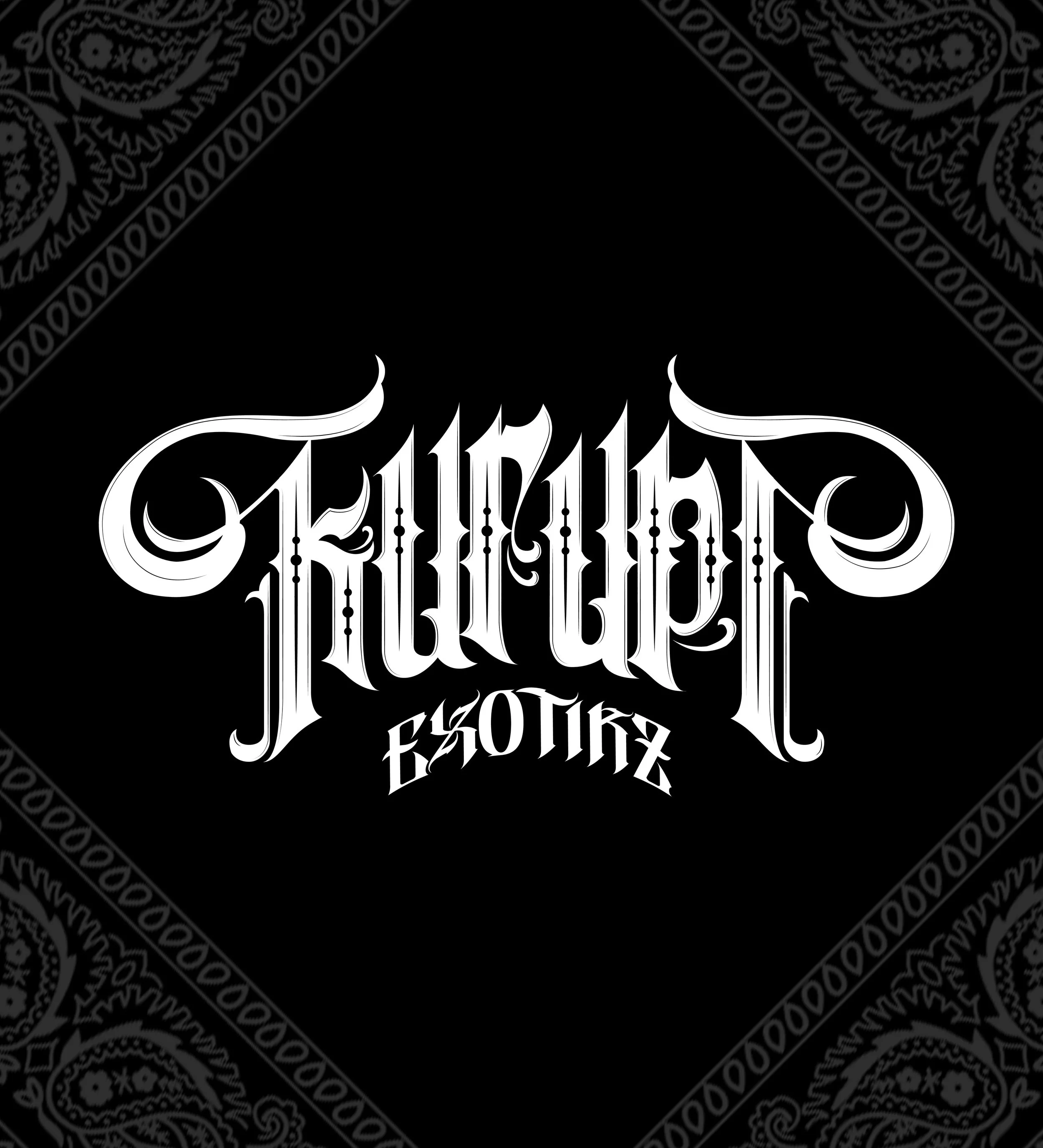 Elegant white calligraphic text on a black background with paisley pattern borders.
