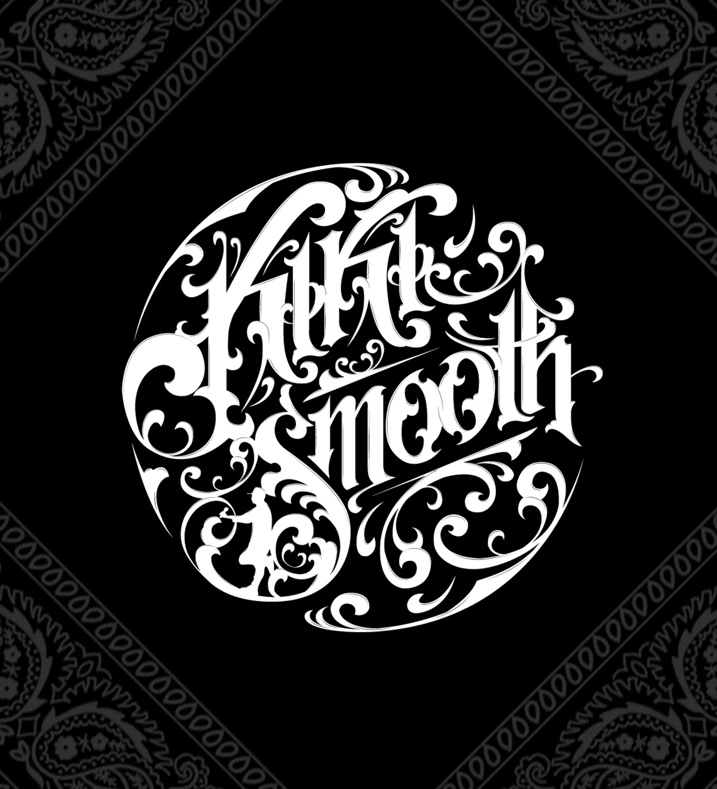 Ornate script lettering reading "King Smooth" on a black background with paisley patterns in the corners.