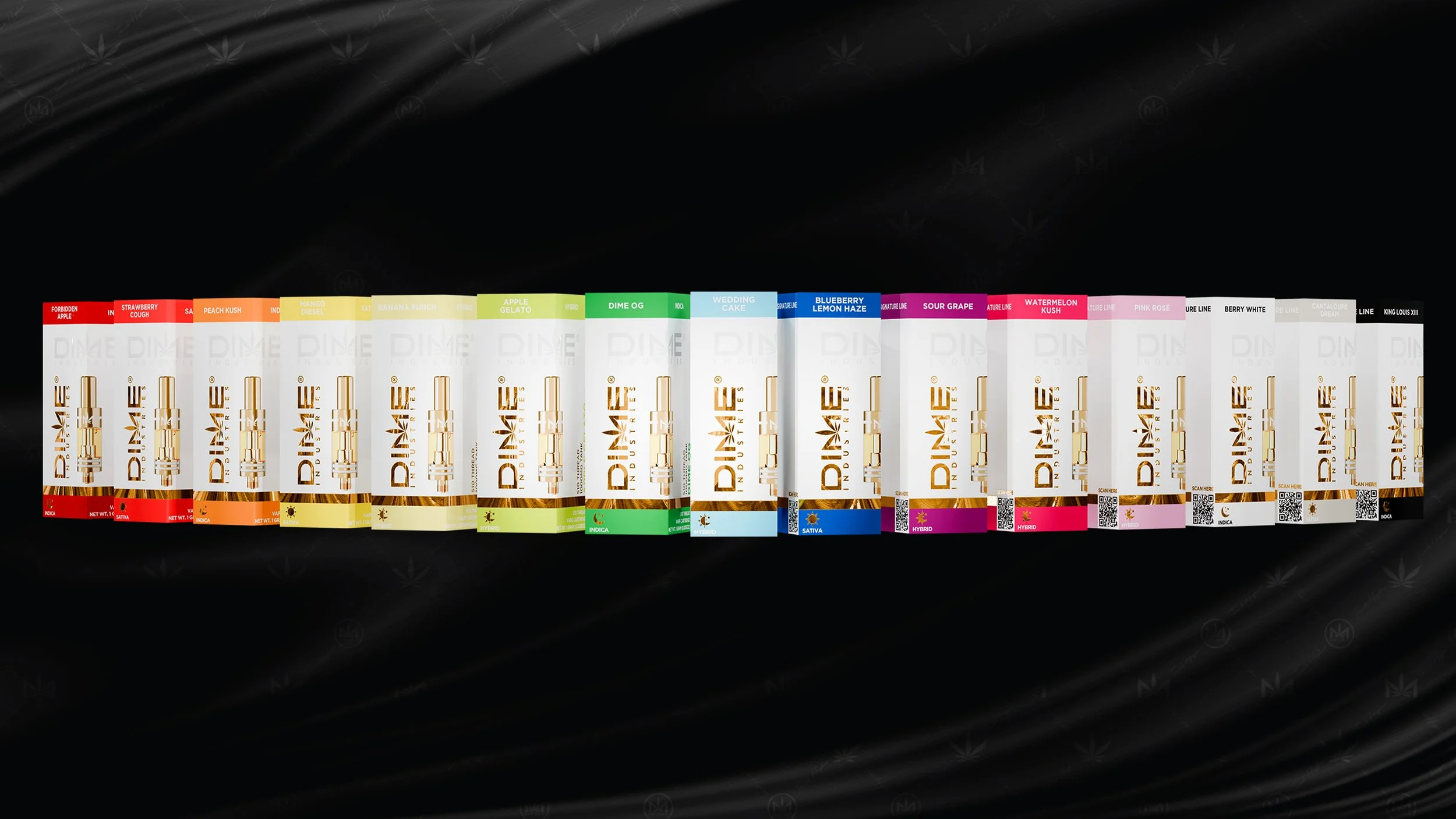 Dime Industries vape cartridges with various flavors against a black background.