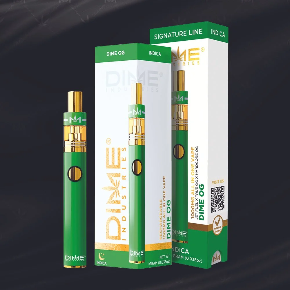 DIME Industries vape pen and packaging, green and gold design, marked as Indica, labeled "DIME OG."
