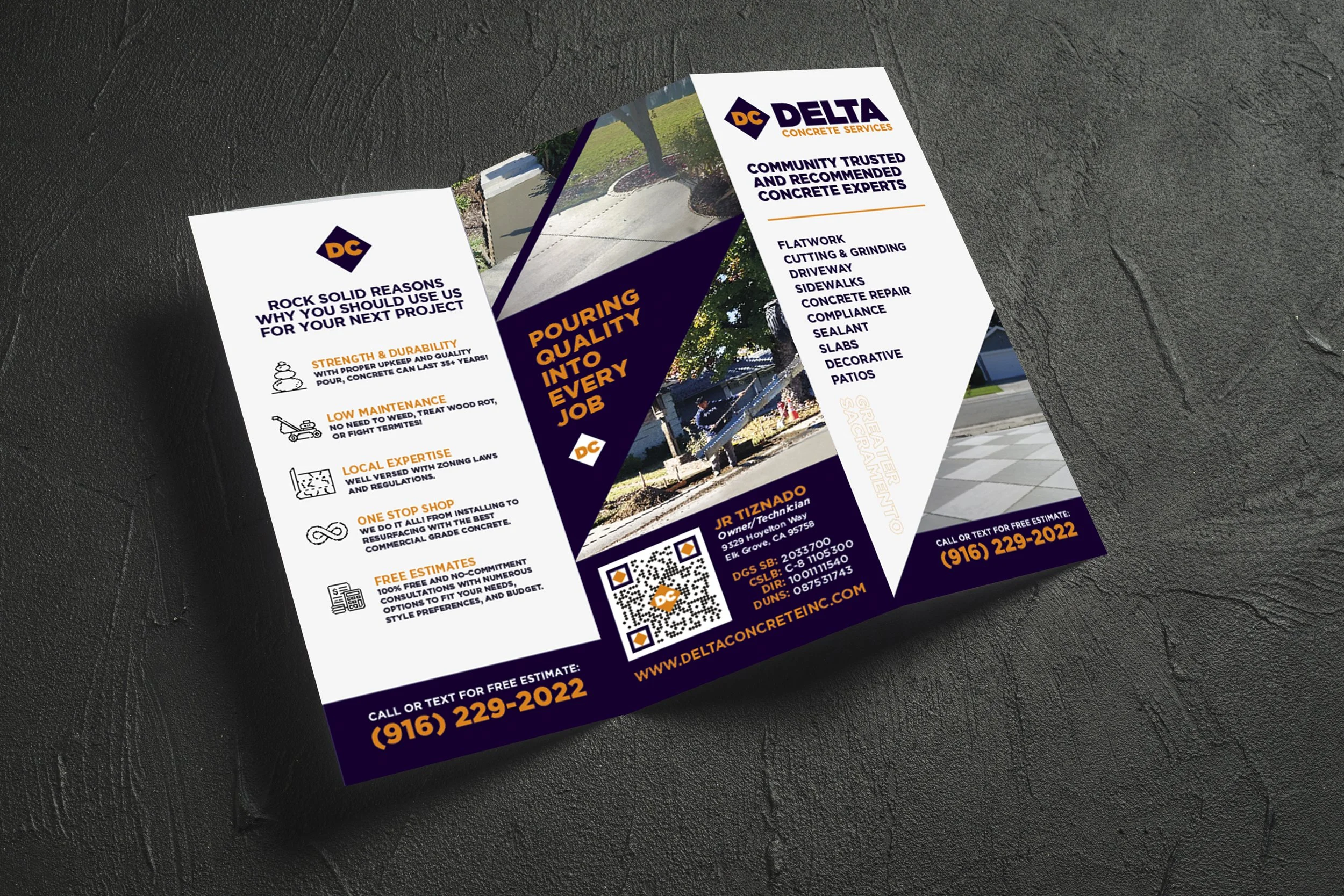 Delta Concrete Services brochure on a textured surface featuring services such as flatwork, driveways, and patios, with images of concrete work. Includes contact information and reasons for choosing their services, highlighting strength, low maintenance, and expertise.