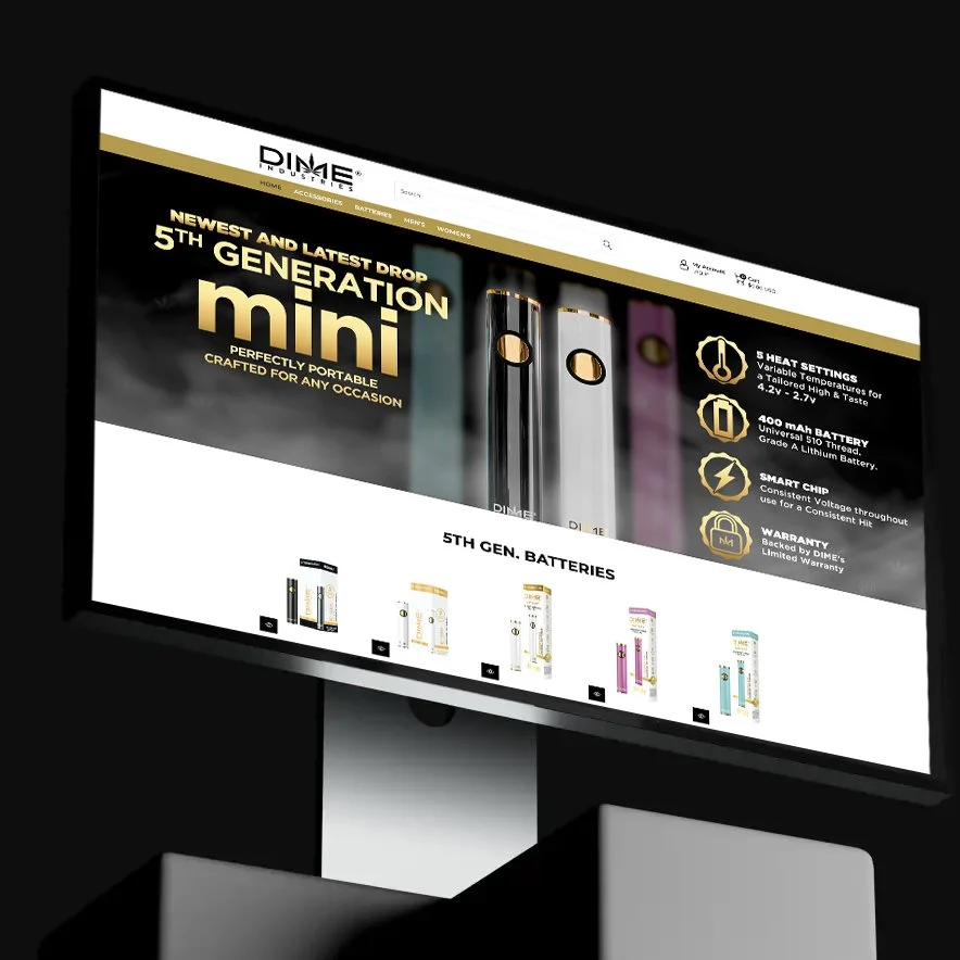 Computer screen displaying DIME Industries website featuring 5th Generation mini batteries, highlighting their portable design and features such as heat settings, battery capacity, smart chip, and warranty.