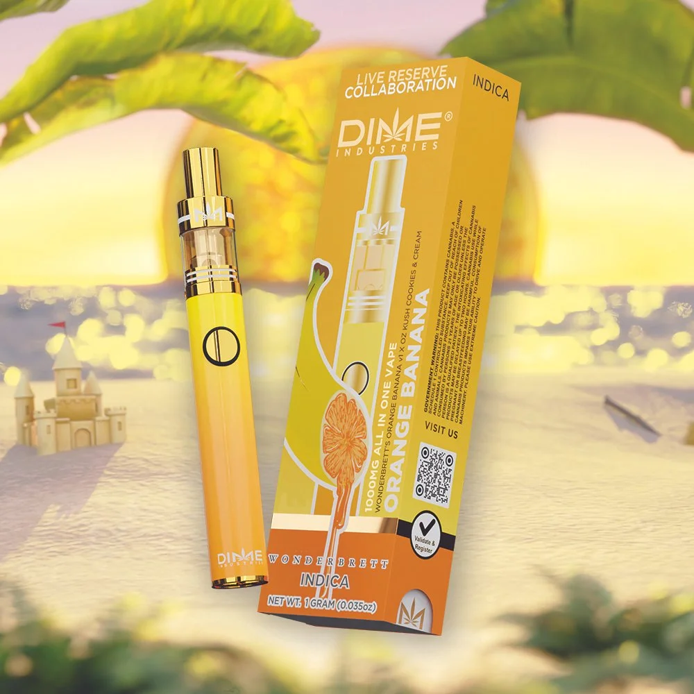 DIME Industries vape pen and packaging with Orange Banana flavor, set against a tropical beach background.