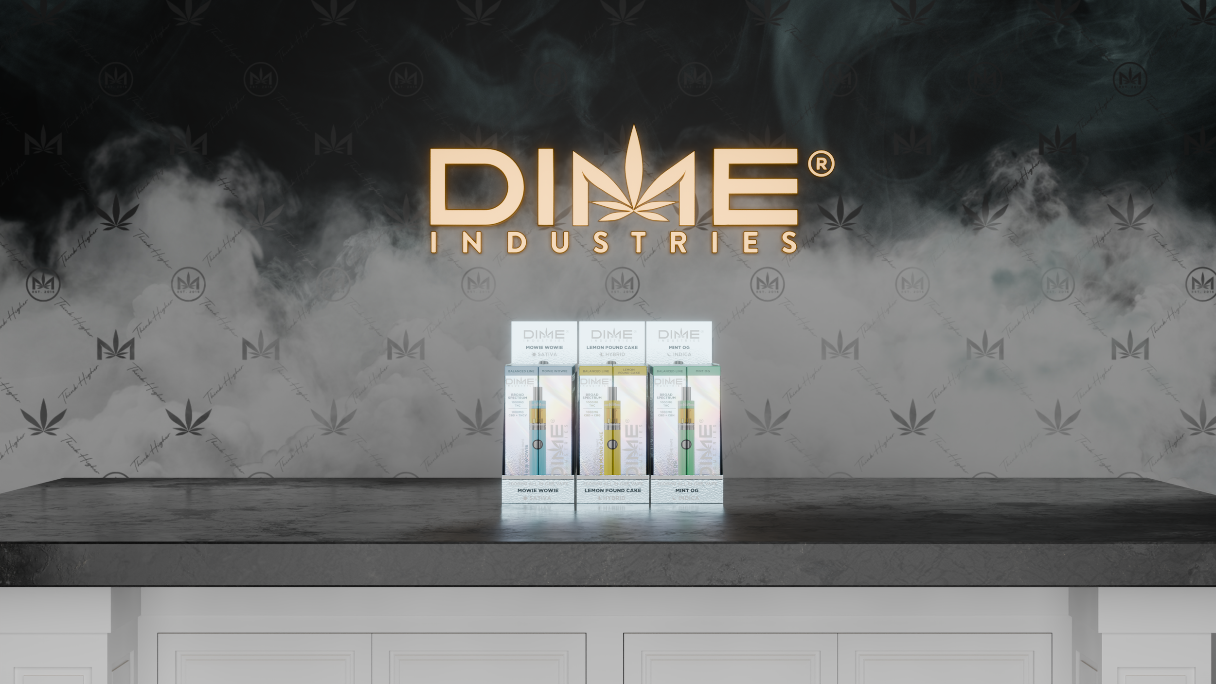 Dime Industries vape products on a countertop with a smoky background.