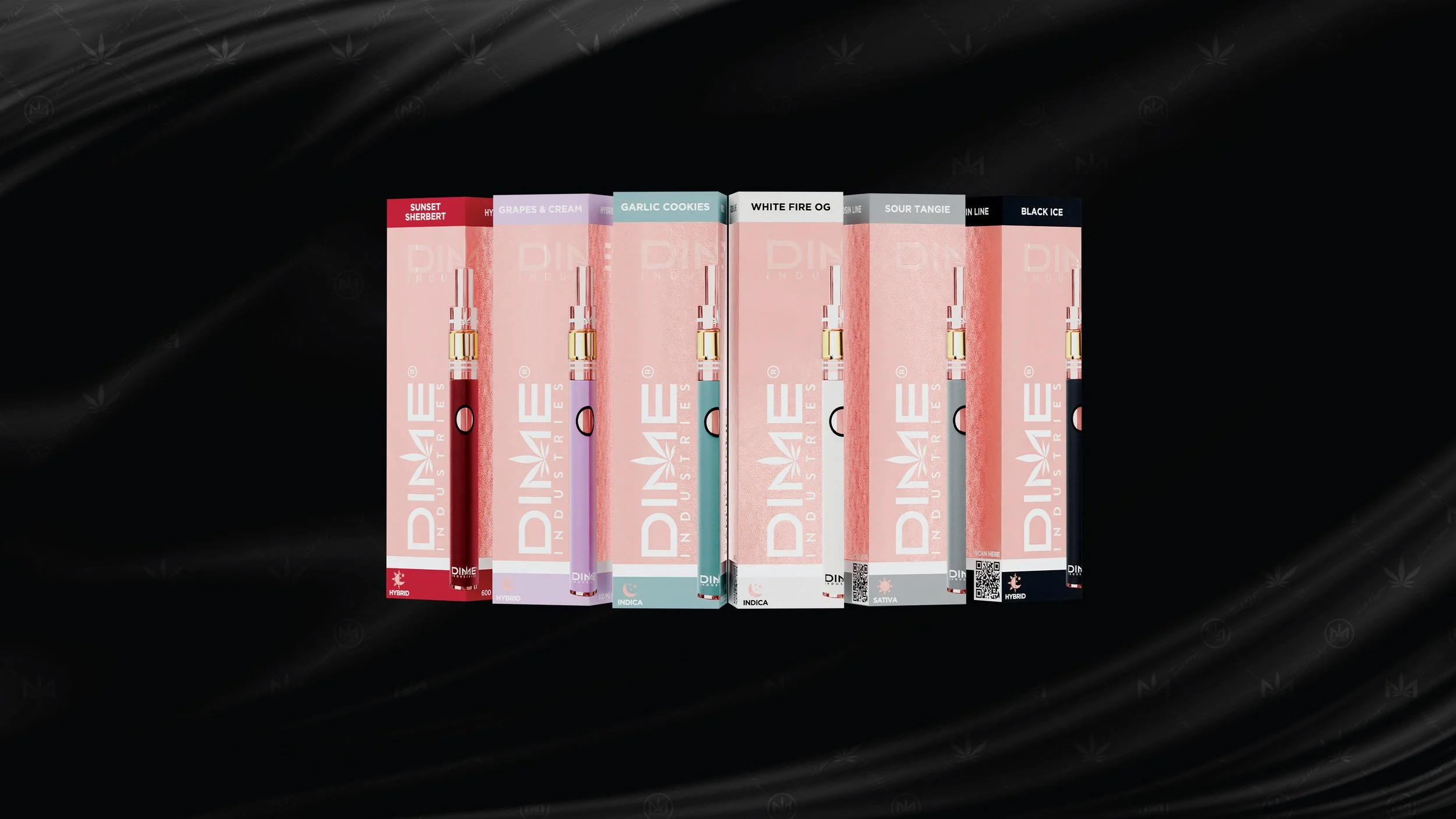Dime Industries vape pen product packaging in various flavors against a black background.