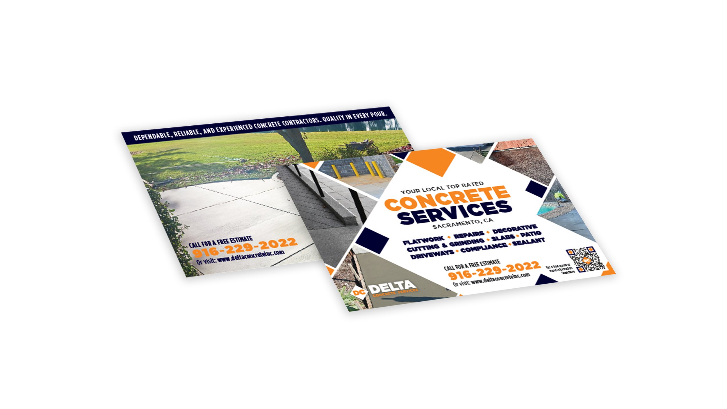Promotional flyers for Delta Concrete Services advertising flatwork, repairs, decorative concrete, patios, driveways, and more in Sacramento, CA. Contact information and free estimate offer included.