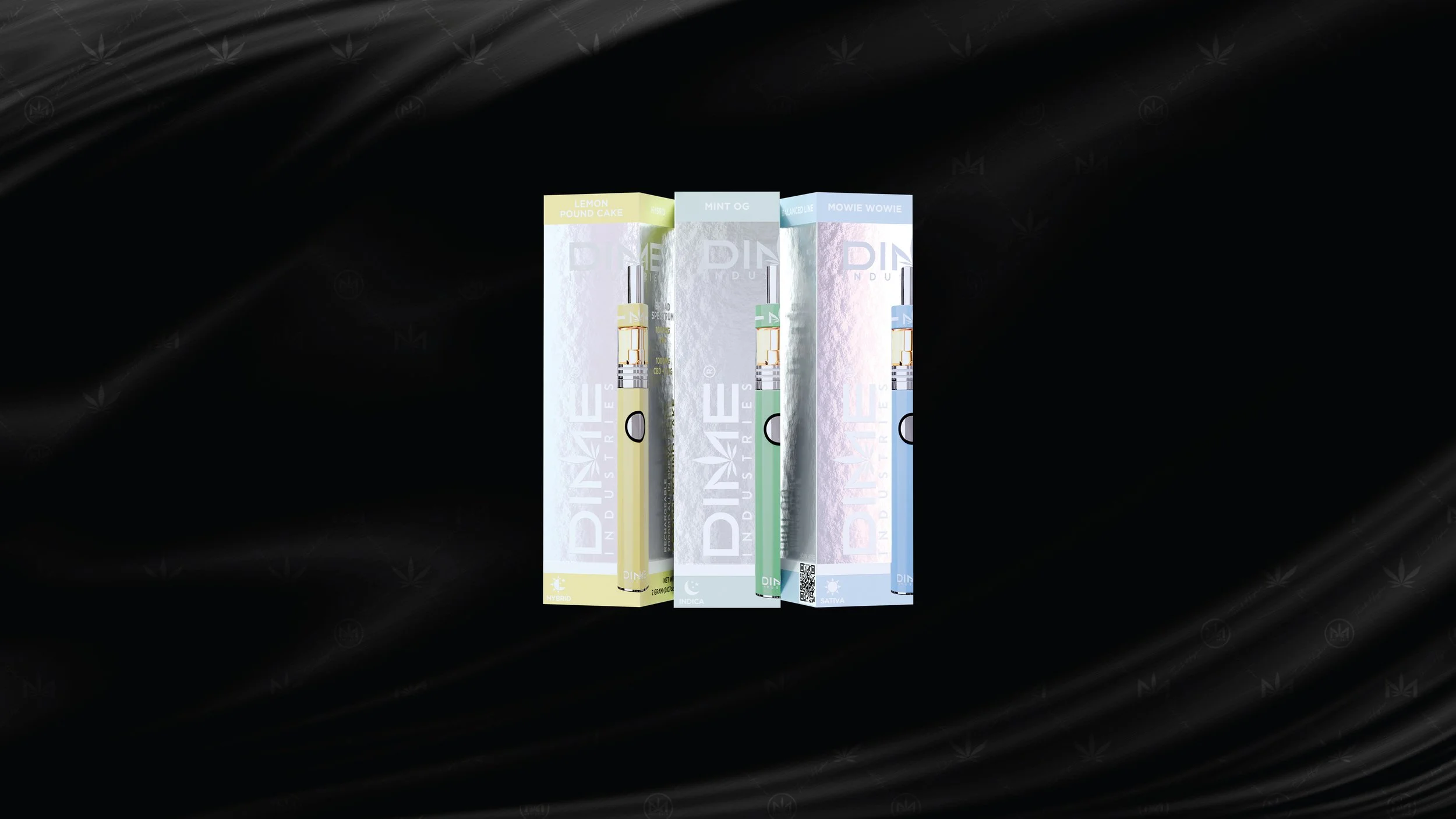Three Dime Industries vape pen boxes with flavors Lemon Pound Cake, Mint OG, and Mowie Wowie on a black background.
