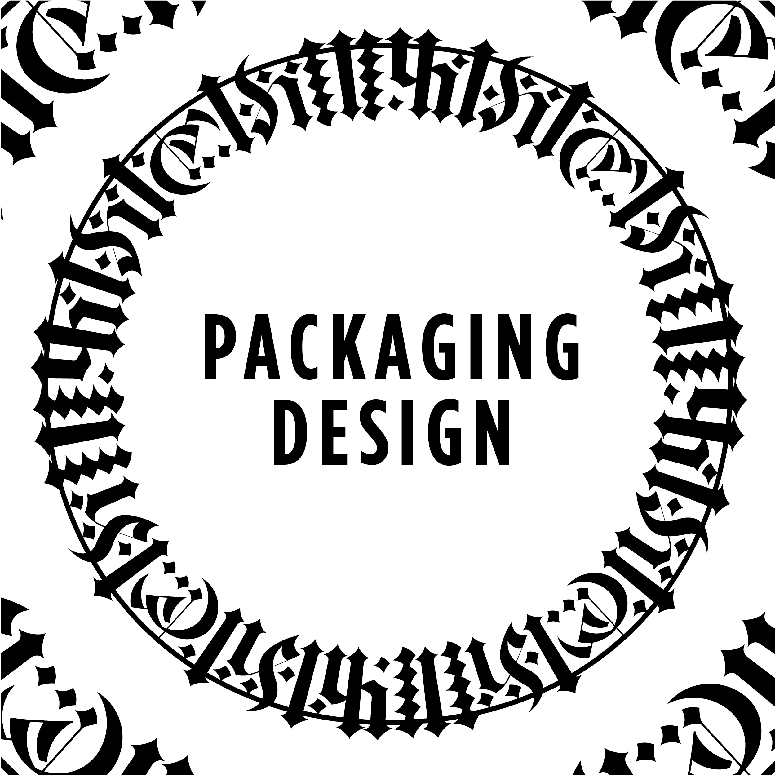 "Packaging Design" text surrounded by ornate black calligraphy in a circular pattern on a white background.