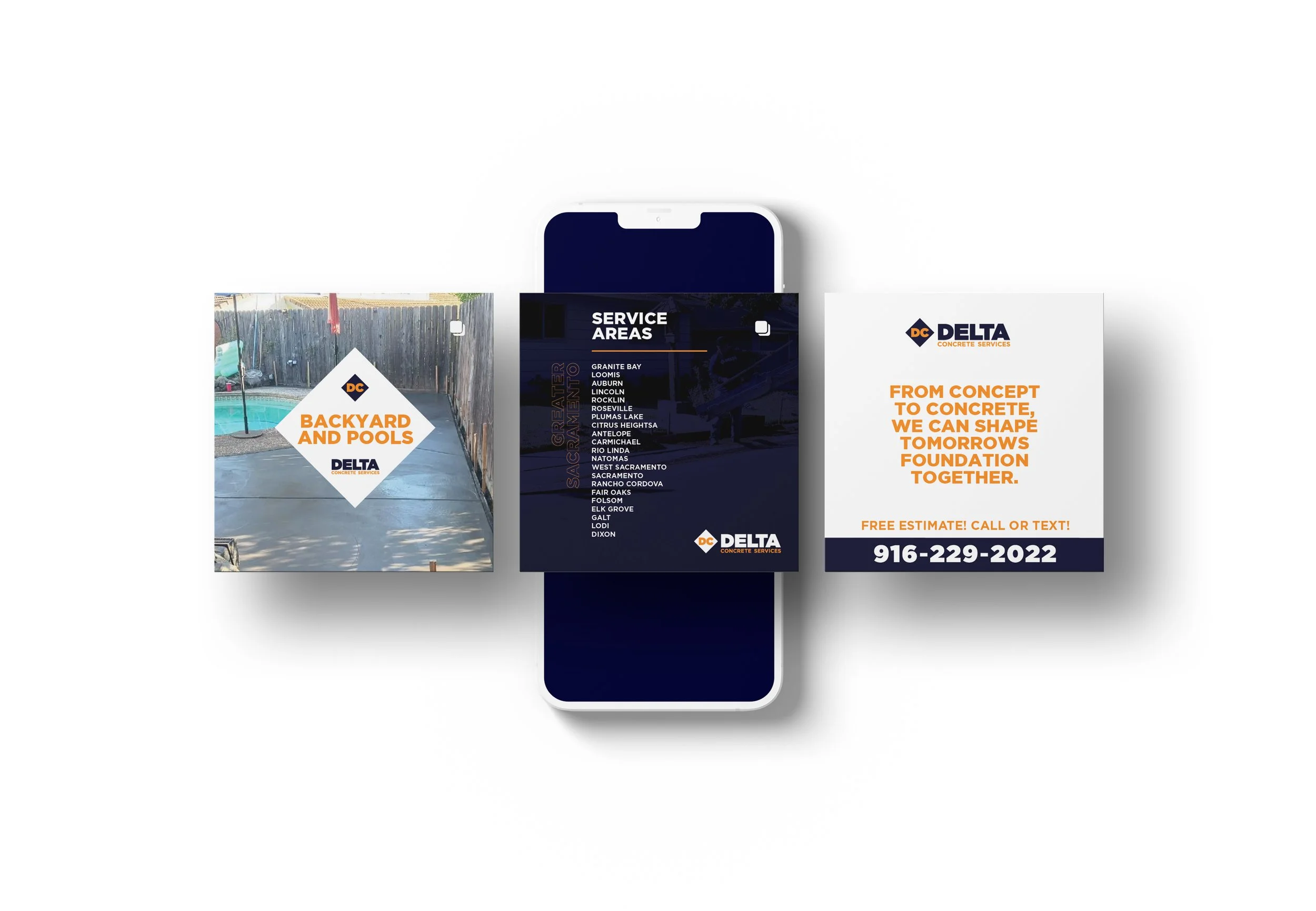 Three images display: first, a wet concrete area by a pool with the text 'Backyard and Pools Delta Concrete Services'; second, a dark-themed list of service areas including locations in the Sacramento area; third, a promotional message for Delta Concrete Services with contact information 916-229-2022 for free estimates.