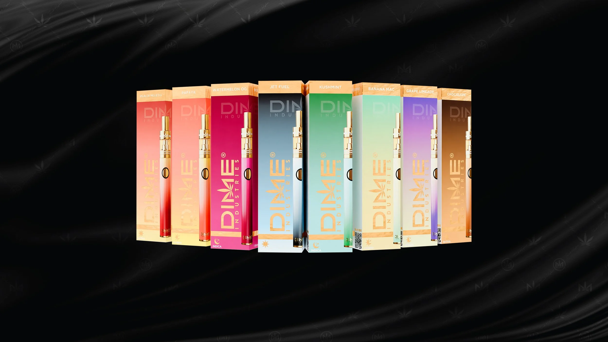 Colorful vape pen packaging by Dime Industries against a black background.