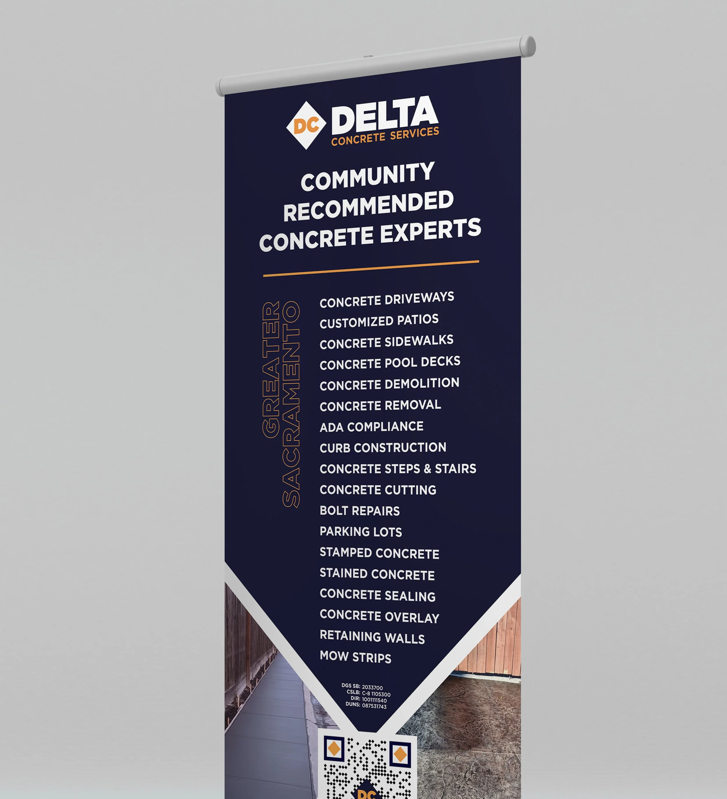 Banner advertising Delta Concrete Services, highlighting concrete driveways, patios, sidewalks, pool decks, demolition, ADA compliance, and more for the Greater Sacramento area.