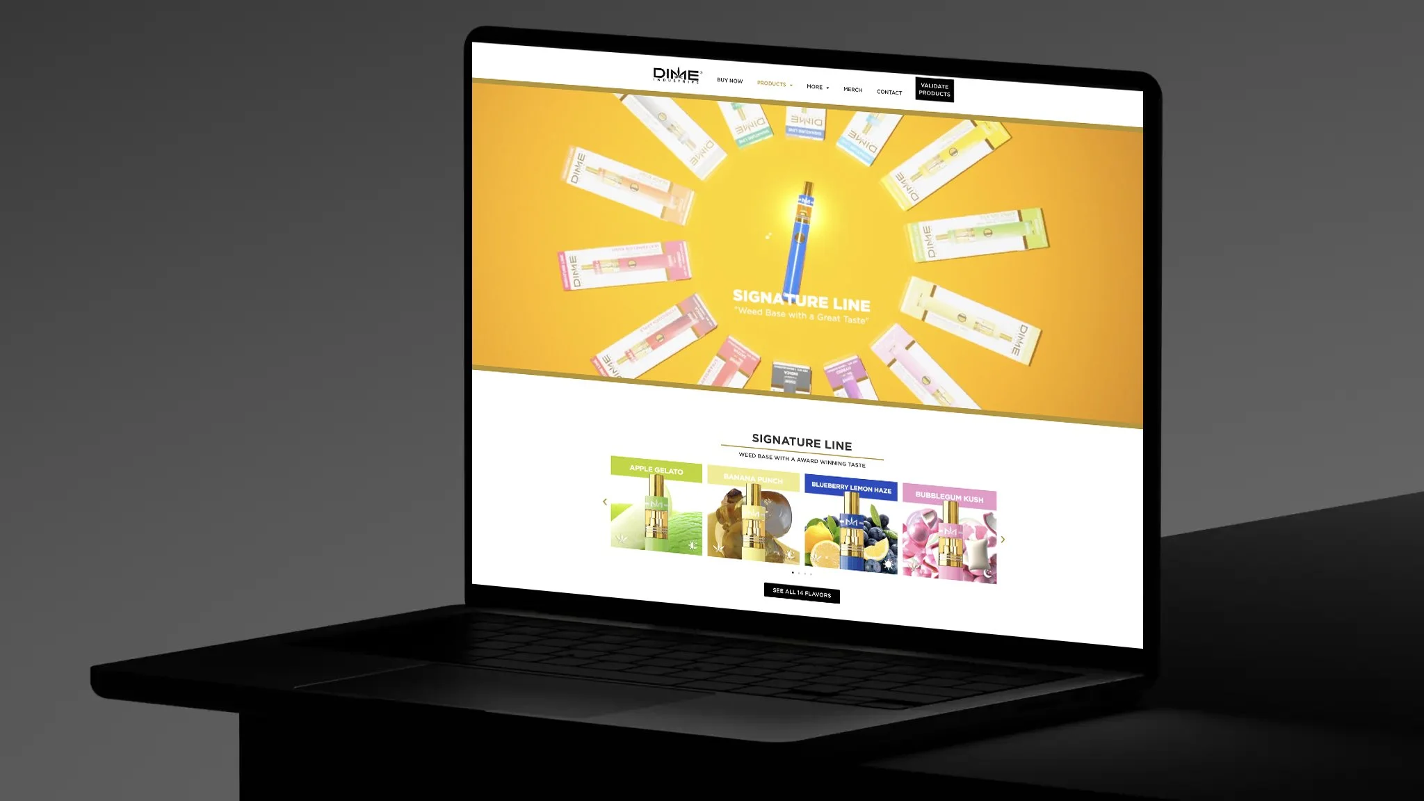 Laptop displaying a website featuring DIME Industries' signature product line with various vape pen flavors on a bright yellow background.