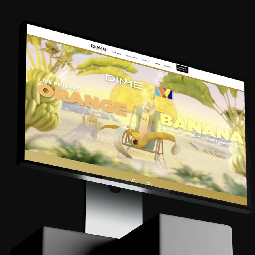 Computer monitor displaying Dime Industries website featuring Orange Banana Live Reserve product with tropical background.