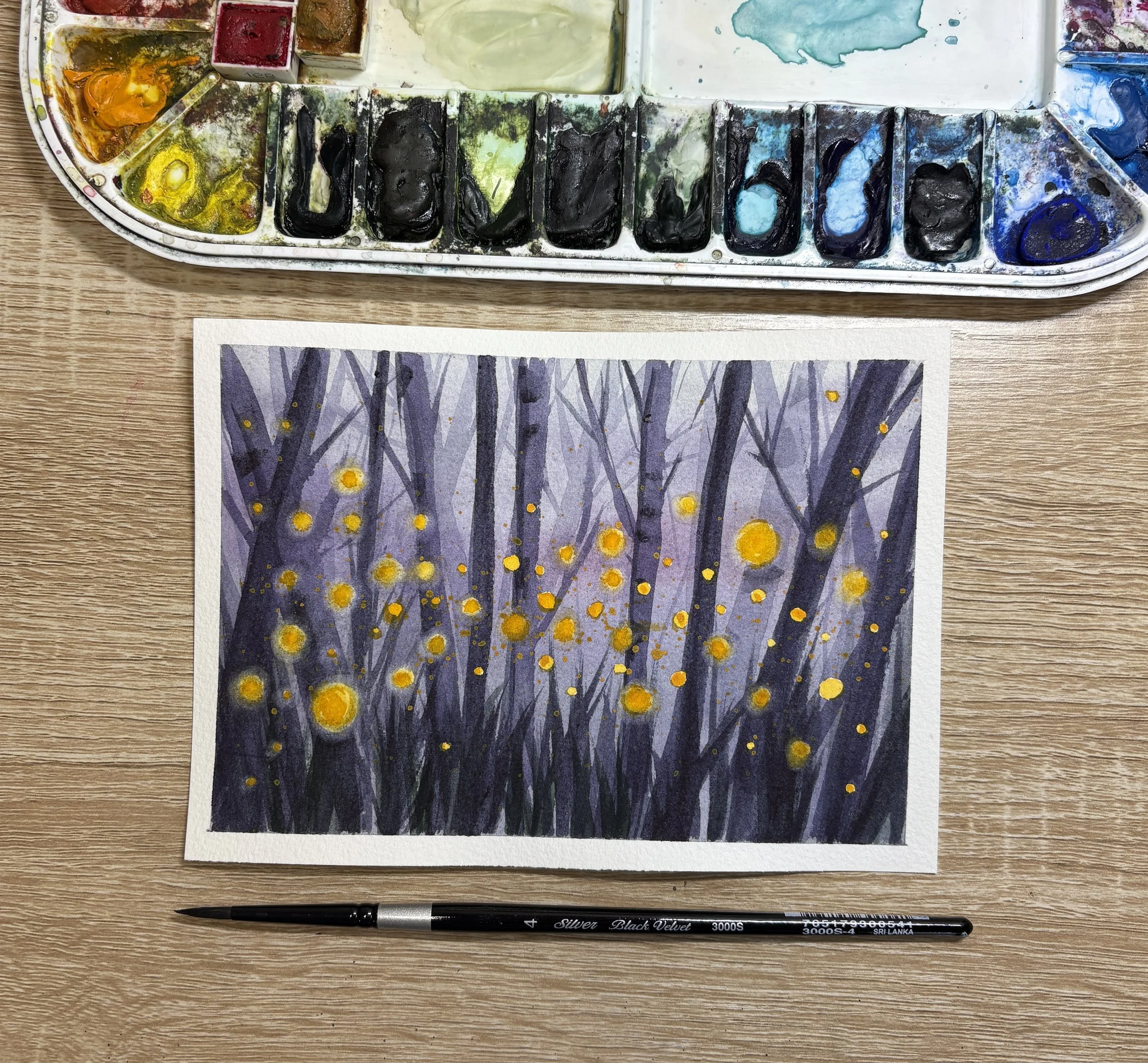 Fireflies Scene in Watercolors