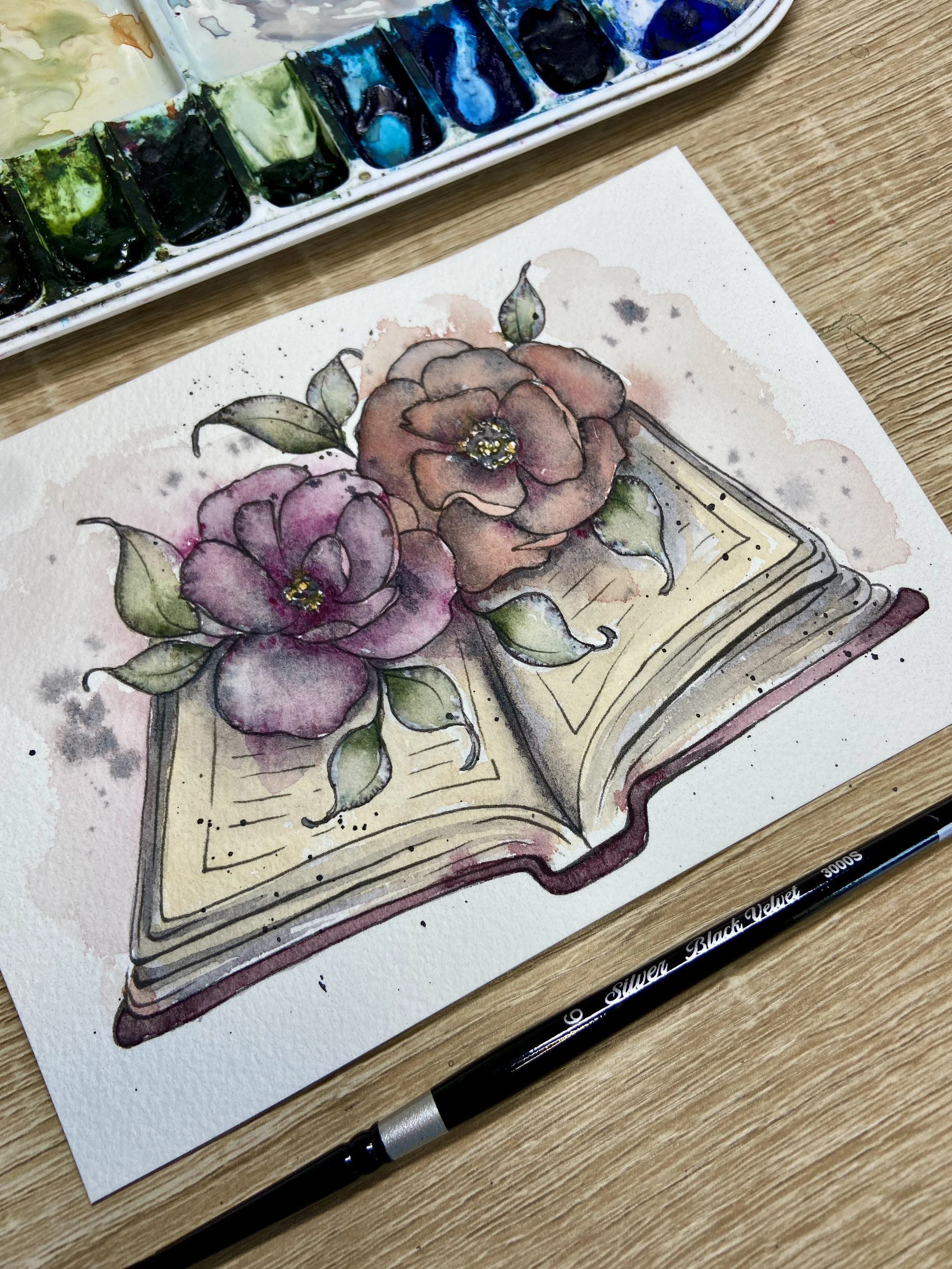 Gothic Book and Roses in Watercolors