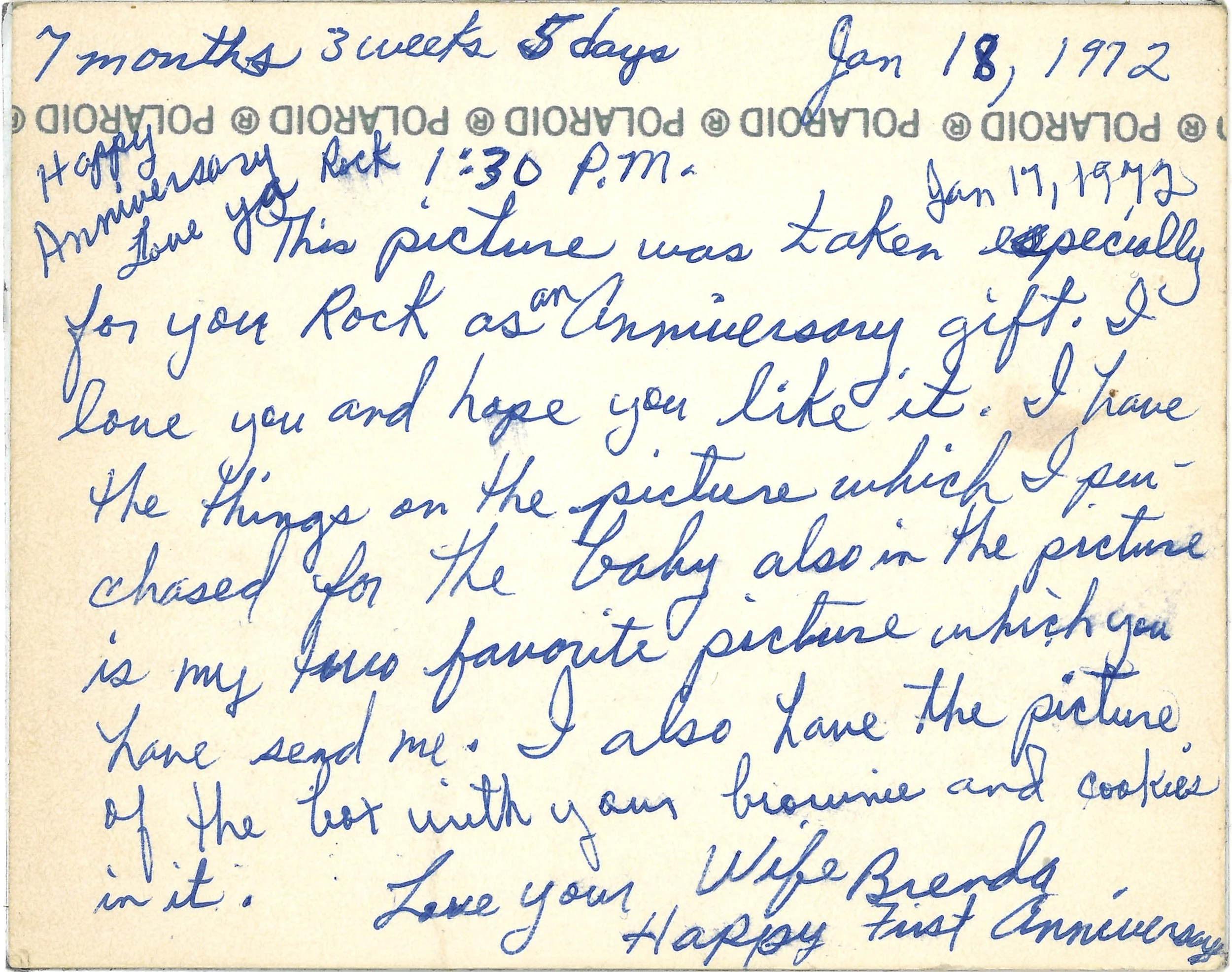 Handwritten letter with blue ink on white paper, dated January 18, 1972, wishing a happy anniversary and describing a photograph of a baby and a person celebrating an anniversary.