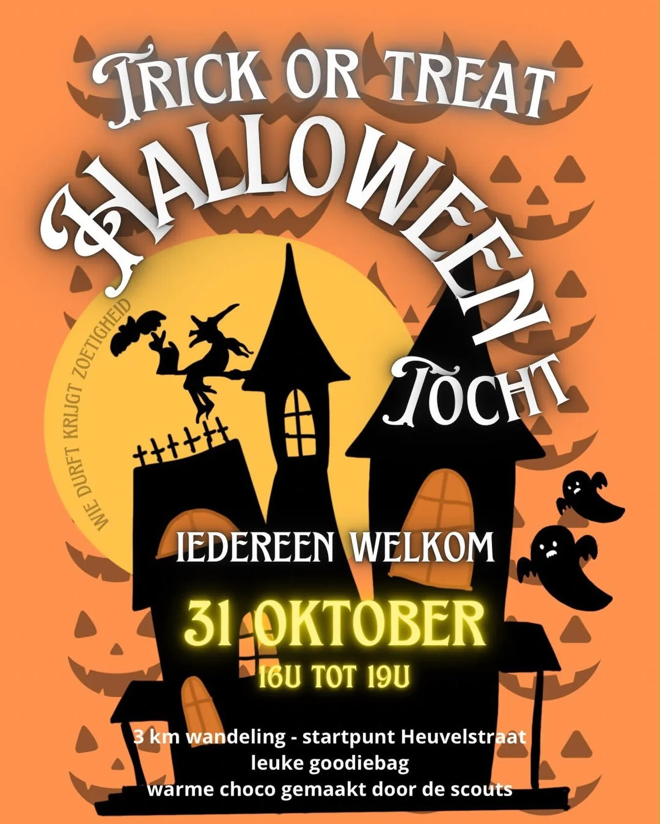Zaterdag 31 oktober HALLOWEEN in Boechout! 👻🎃

Zin om te komen griezelen?💀 
Van 16u tot 19u kan je deelnemen aan een Halloweentocht van 3km. 

🗓️ Zaterdag 31/10 | 16u - 19u
📍 Vertrek in de Heuvelstraat
🎃 Snoep bij deelnemende handelaars met een