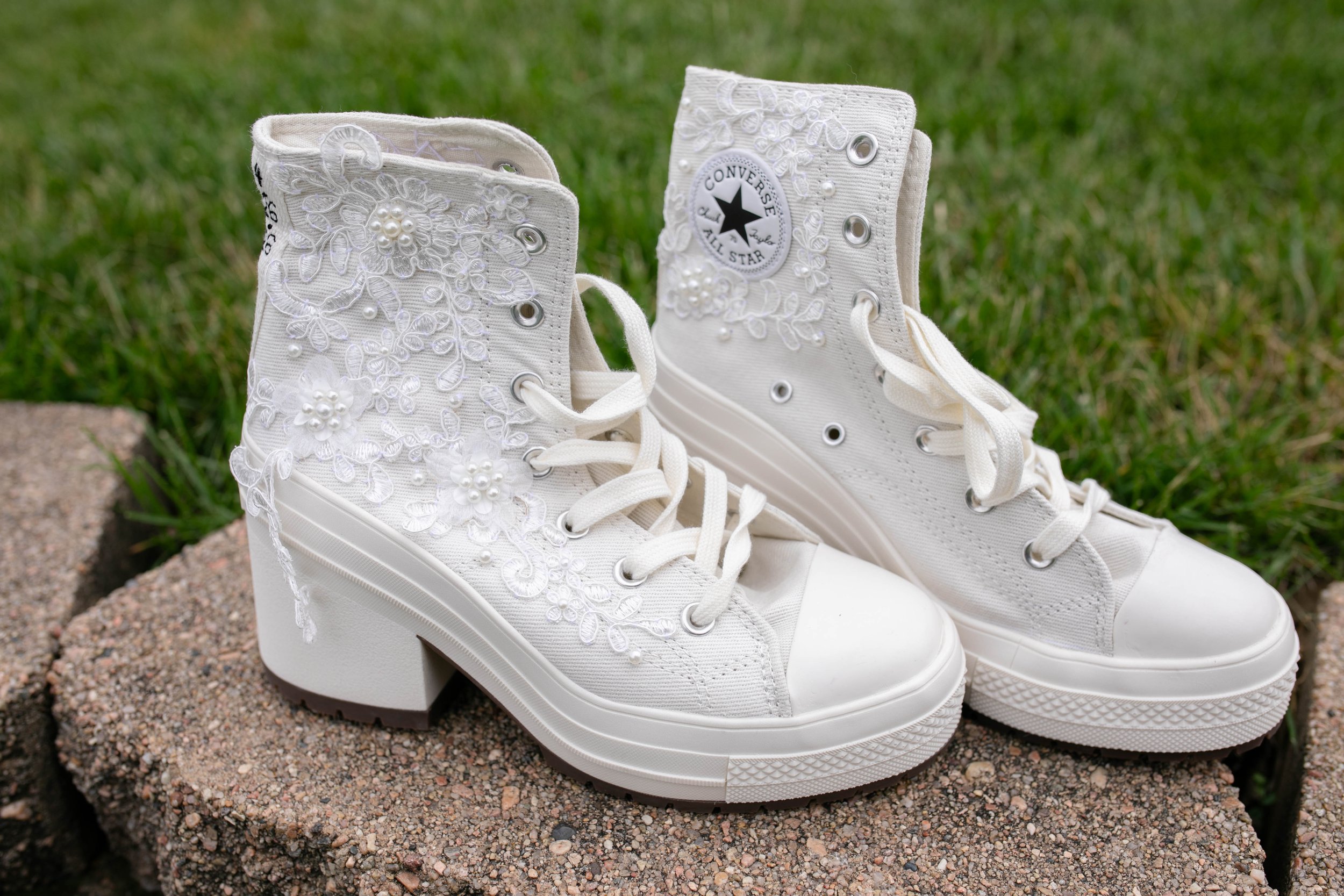 Converse wedding bridal heeled shoes in springtime