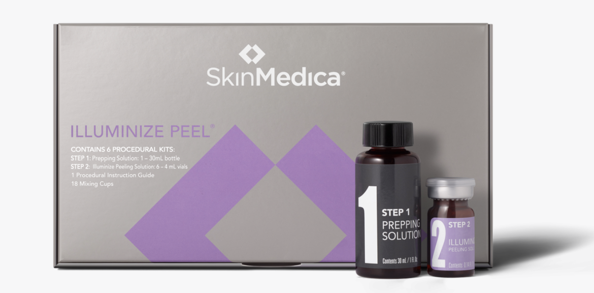 SkinMedica Illuminize Peel kit with Step 1 Prepping Solution and Step 2 Peeling Solution bottles.