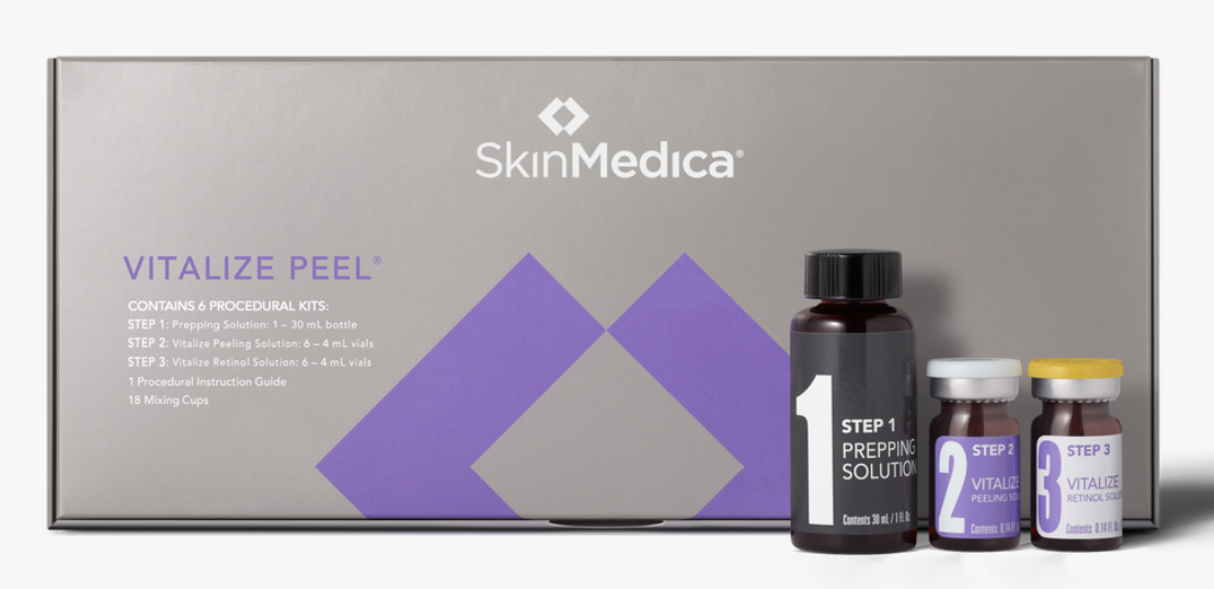 SkinMedica Vitalize Peel kit with bottles labeled Step 1 Prepping Solution, Step 2 Vitalize Peeling Solution, and Step 3 Vitalize Retinol Solution.