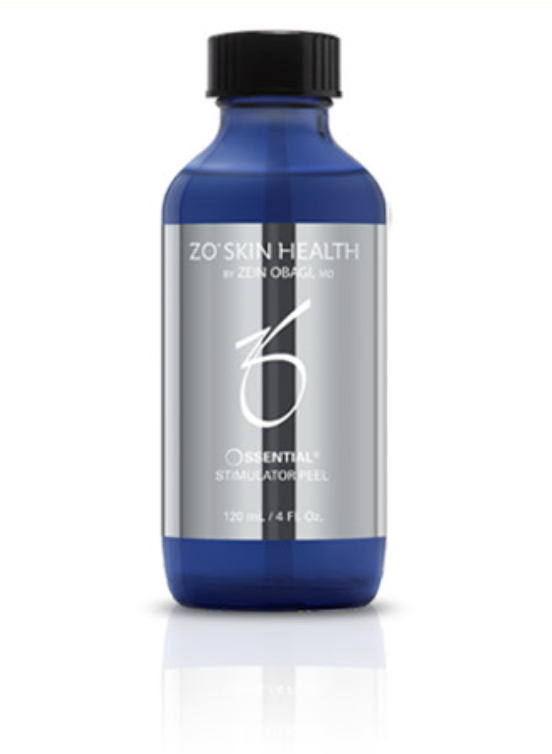ZO Skin Health Ossential Stimulator Peel bottle, blue with black cap, 120 ml size.
