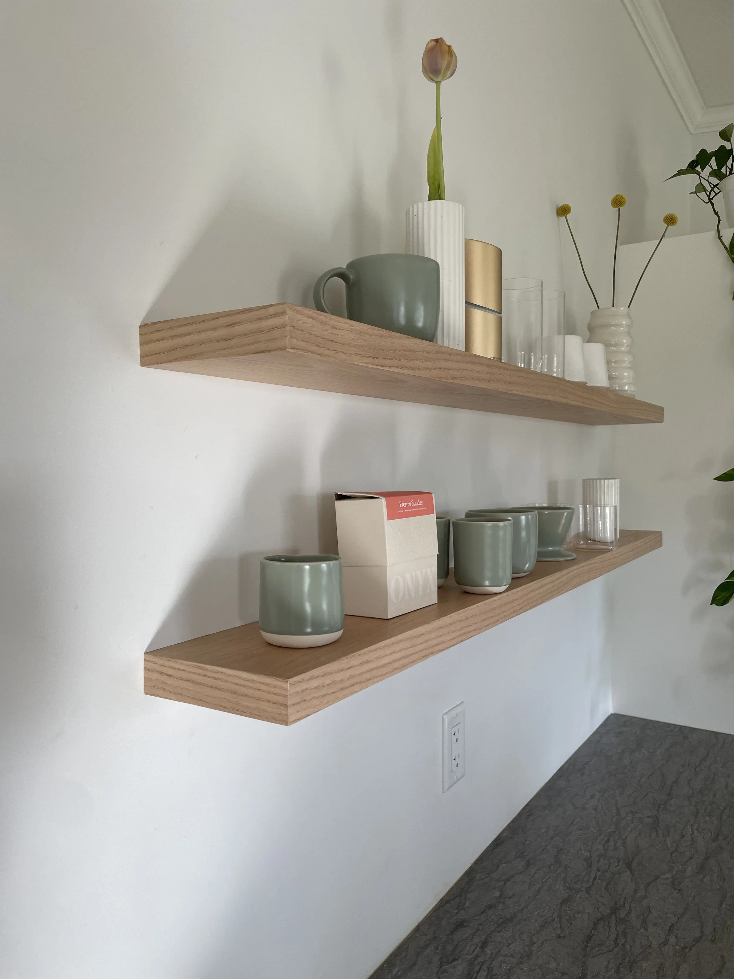 Floating shelves, Red Oak, Fable Dishes, Kitchen