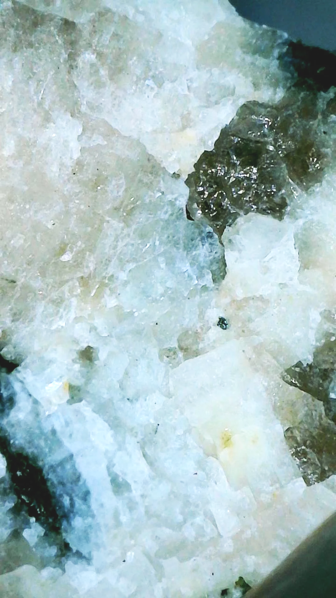 Close-up of an icy surface with embedded dark, shiny objects, possibly rocks or debris.