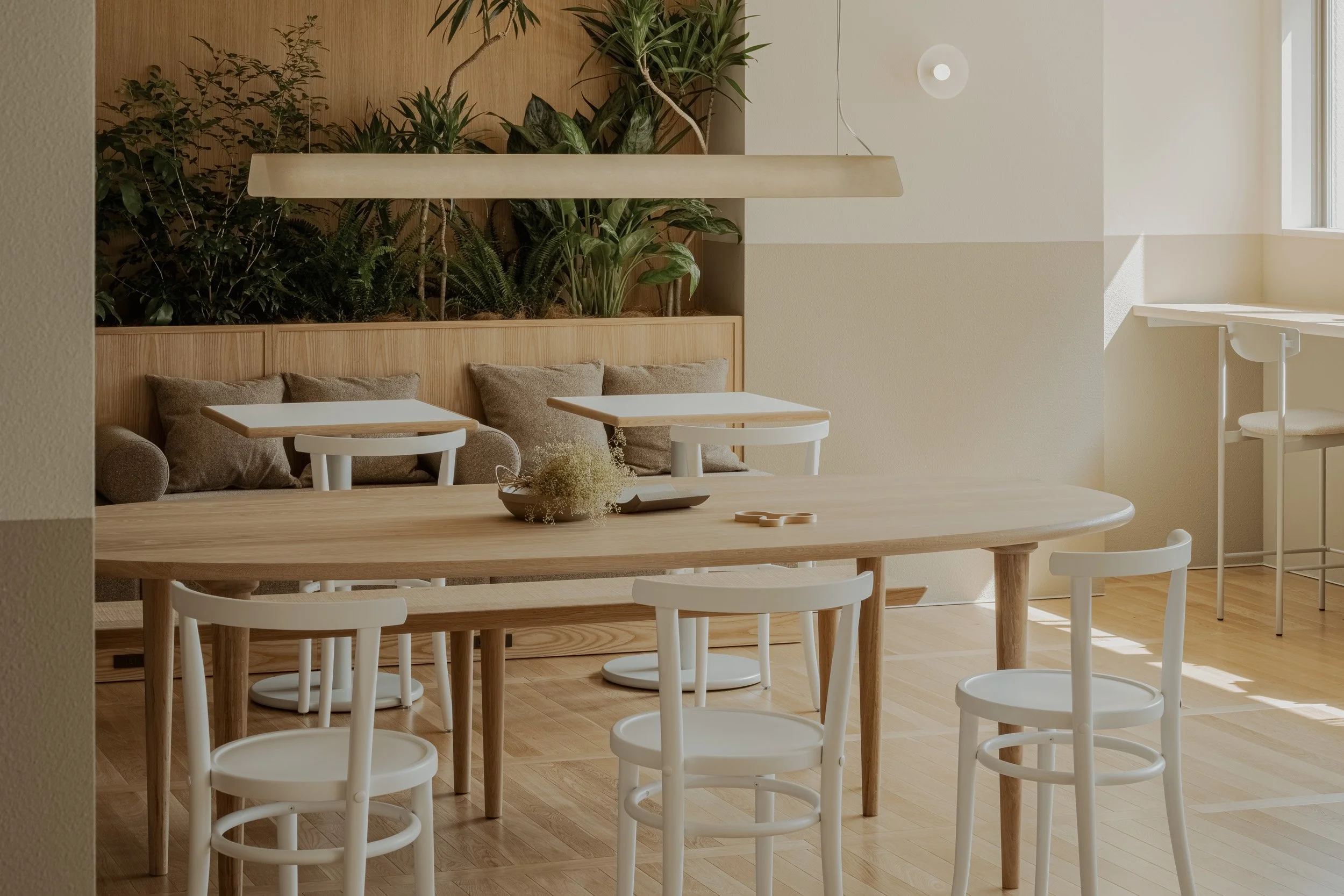 santasがPMを担当した「HAUN 蔵前」のダイニングスペース。会話を促す楕円形の特注テーブルを中心に、バイオフィリックデザインを取り入れた頭上の植栽と造作ベンチを設計。自然素材と光が調和し、入居者が自然体で過ごせるミニマルな空間構成