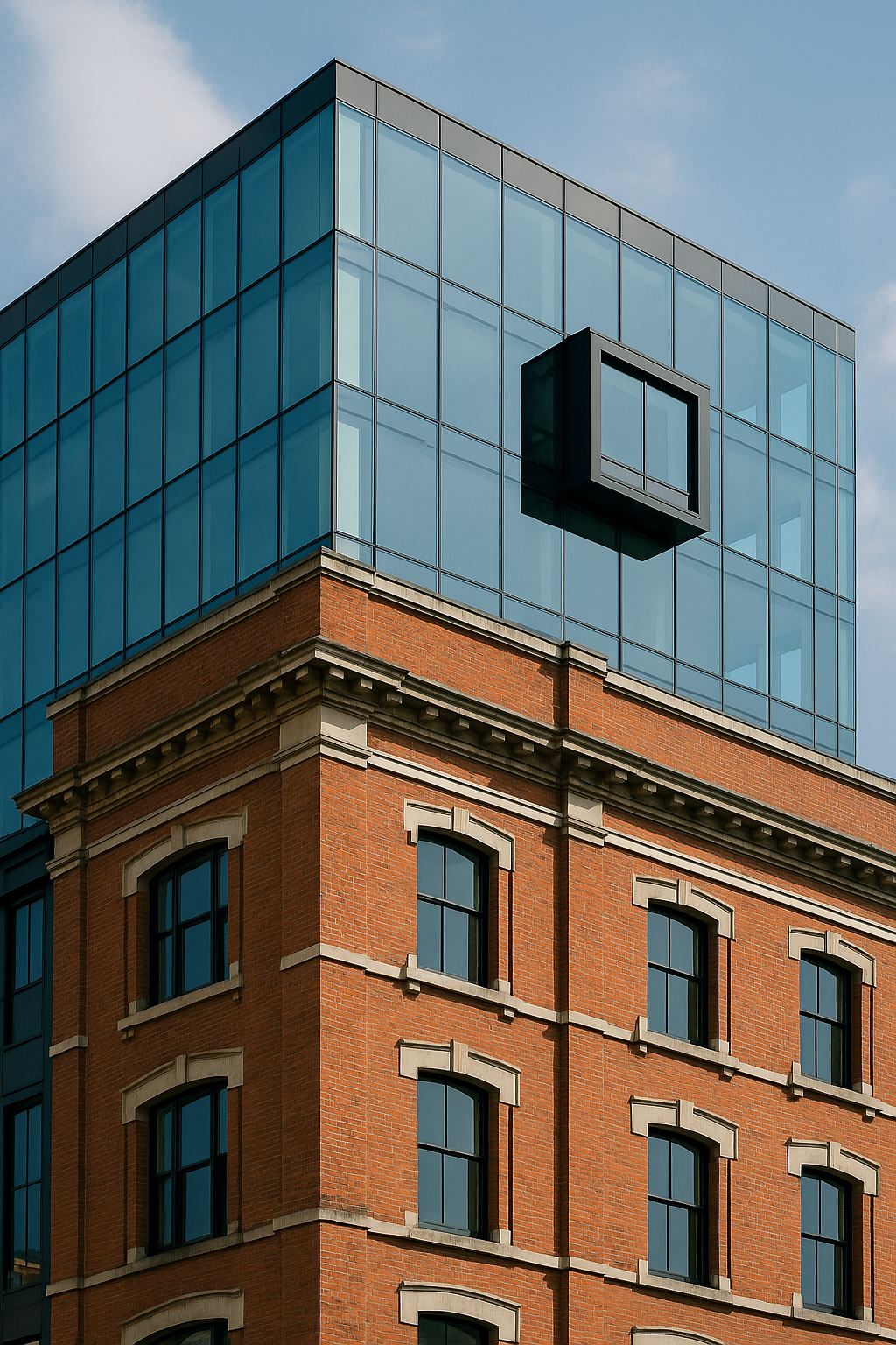 Close-up of a building featuring an older red brick section with arched windows and decorative molding, topped with a modern glass structure with a protruding window box on a clear blue sky background.