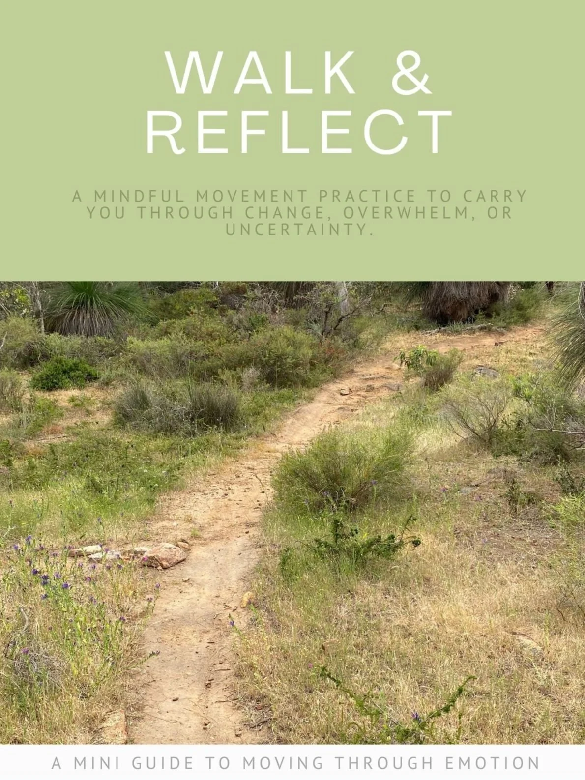 Cover of a guide titled 'Walk & Reflect' featuring a dirt trail winding through a grassy and bushy landscape with trees and shrubs.