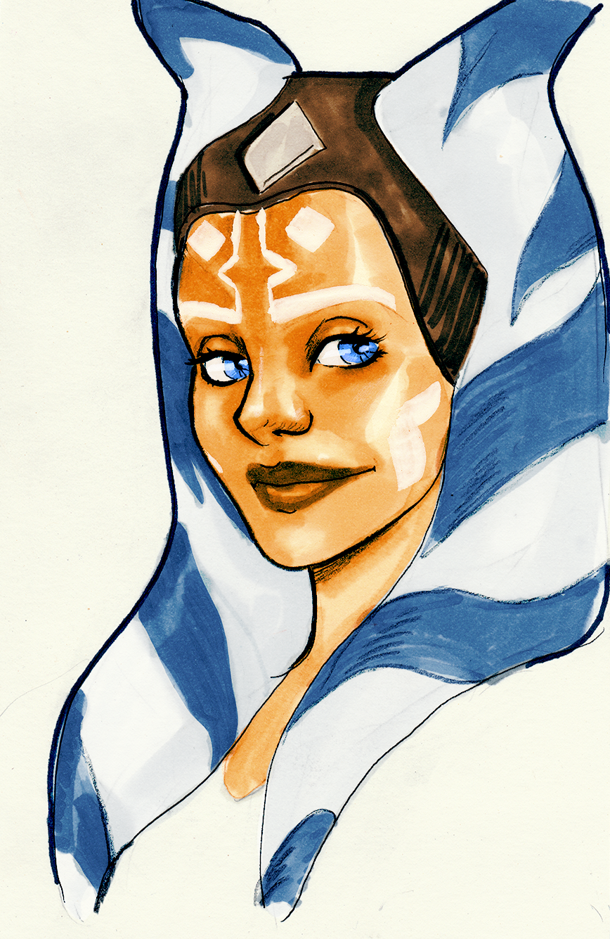 Ahsoka Tano, digital color over copic marker. 2019.