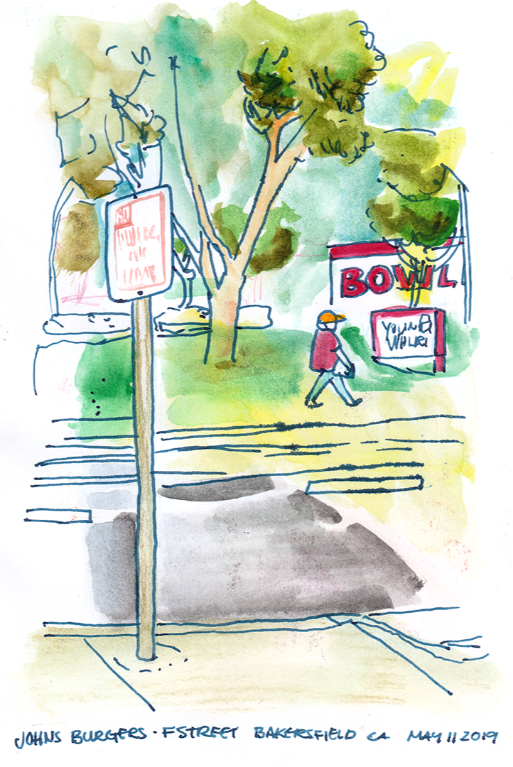 From John's Burger's window. Bakersfield, CA. 5.5 x 8 inches. 2019