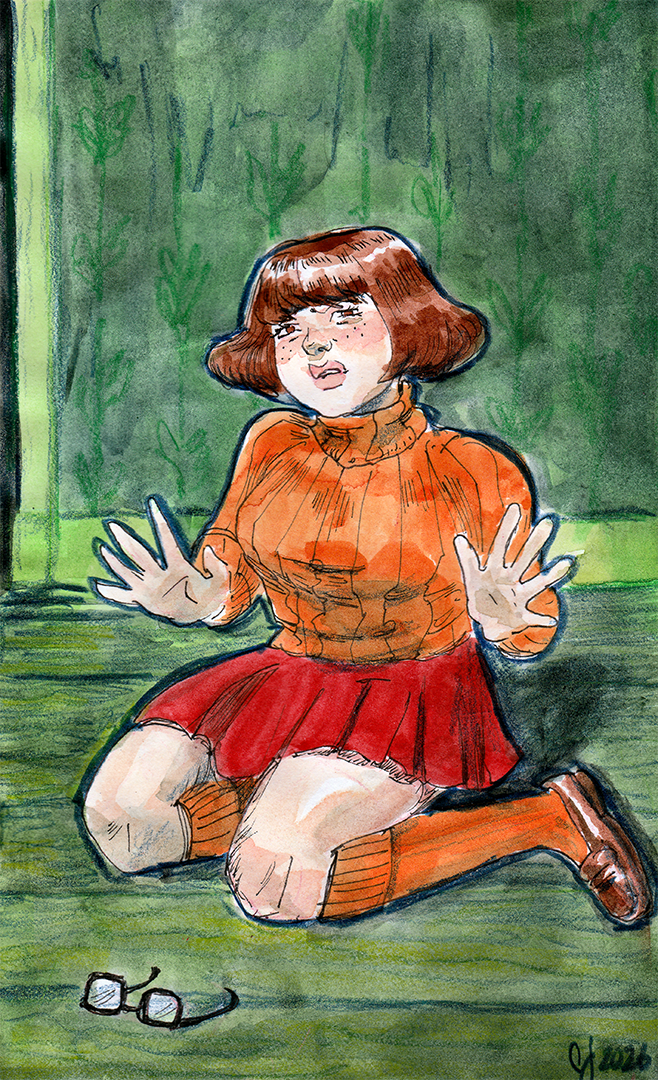 "Jinkies!" watercolor and ink on paper, 5.5 x 8 in, 2026