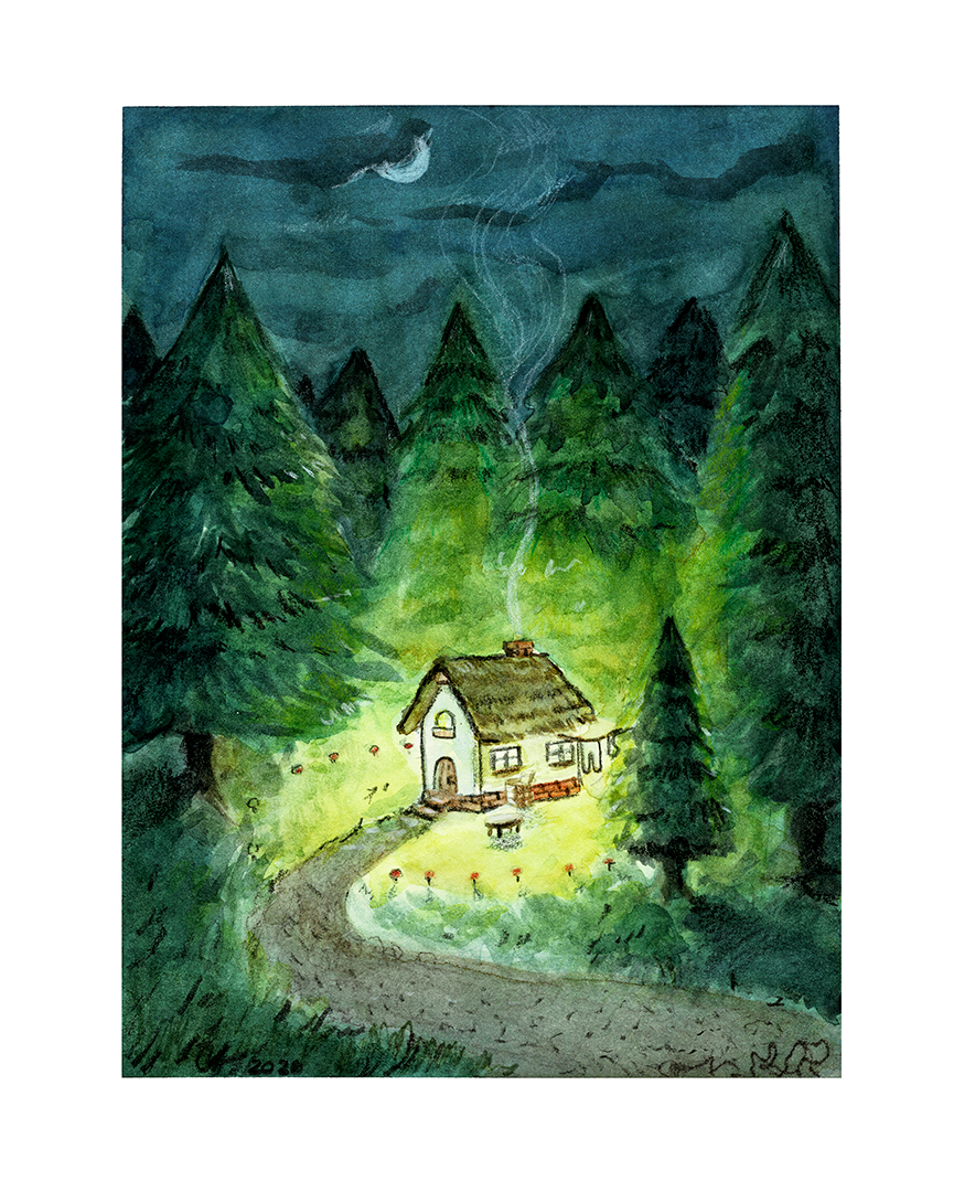 "Enchanted Cottage" watercolor, colored pencil on paper. 2026