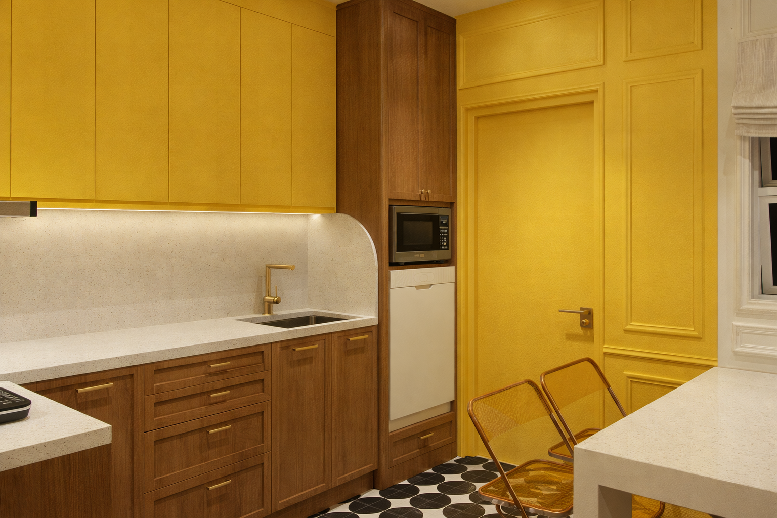 Living room with yellow sofa, two light blue chairs, a wooden coffee table, a black and white striped rug, white walls, and three large windows. In the background, a kitchen with yellow and brown cabinets and a black refrigerator.