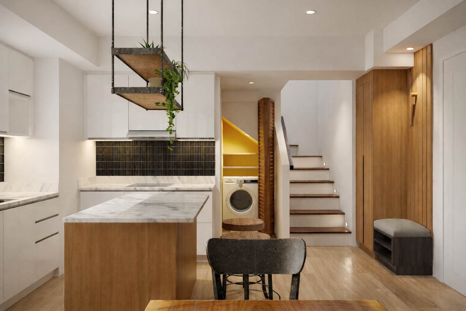Modern kitchen with white cabinets, black tiled backsplash, marble countertop island, stainless steel refrigerator, and pendant lighting.