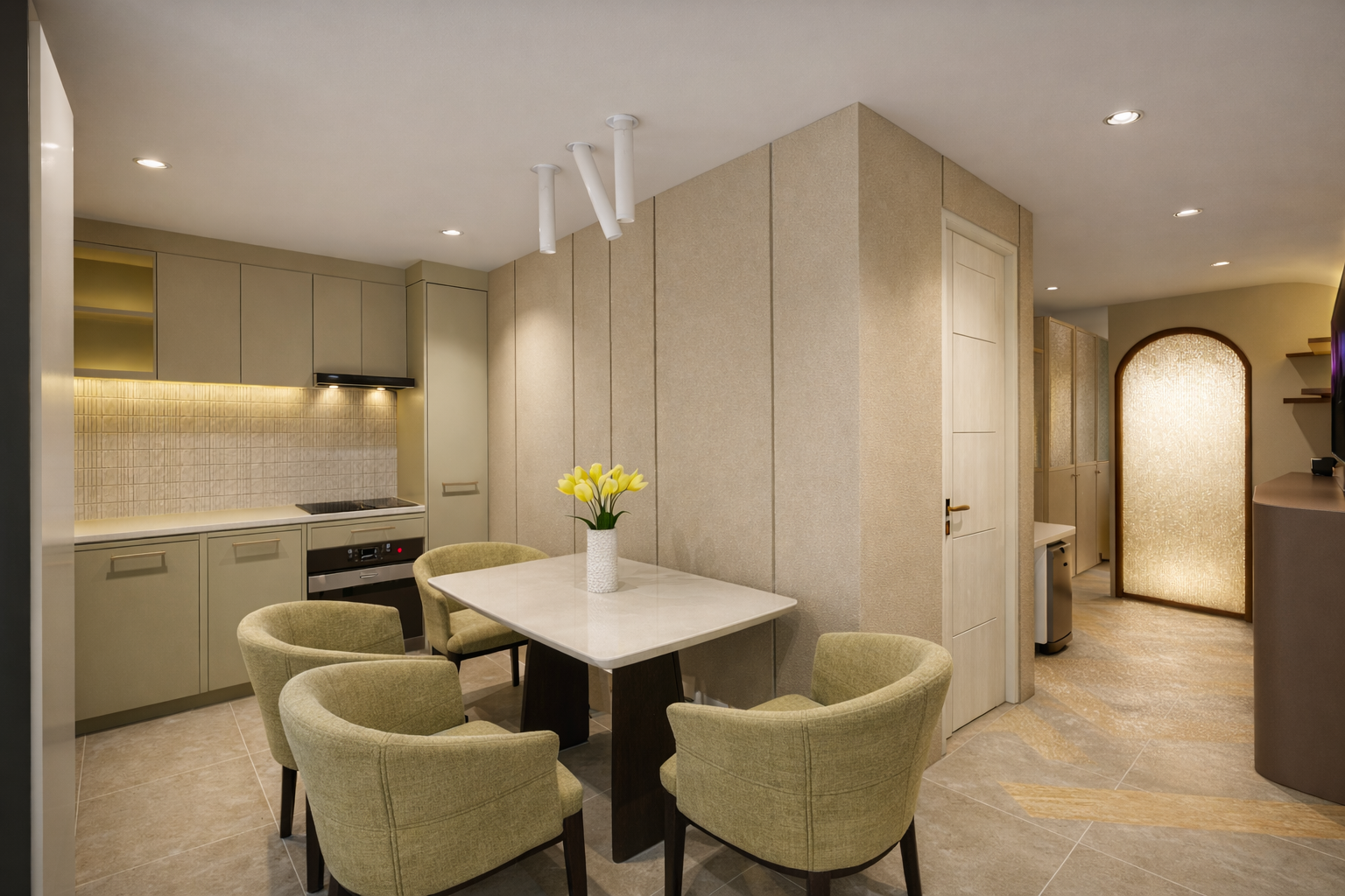 Modern kitchen with white cabinets, a white dining table with chairs, and a vase of yellow flowers.