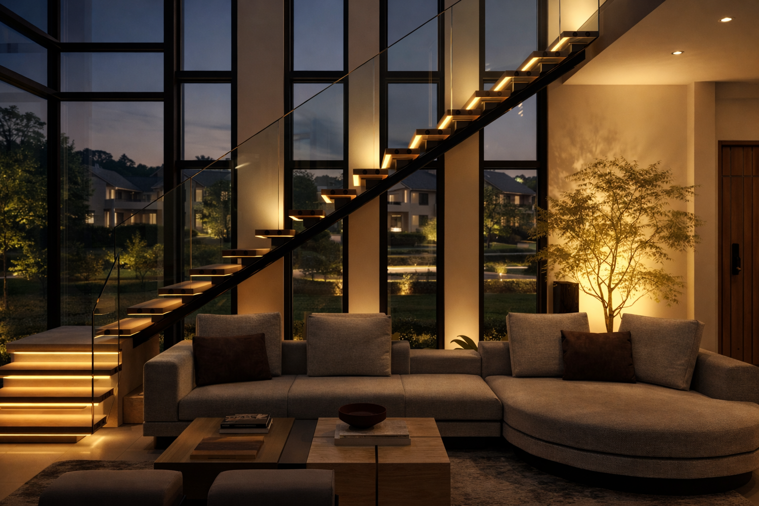 Modern foyer with staircase, sculptural pedestal with orchids, colorful artwork, and decorative vases.